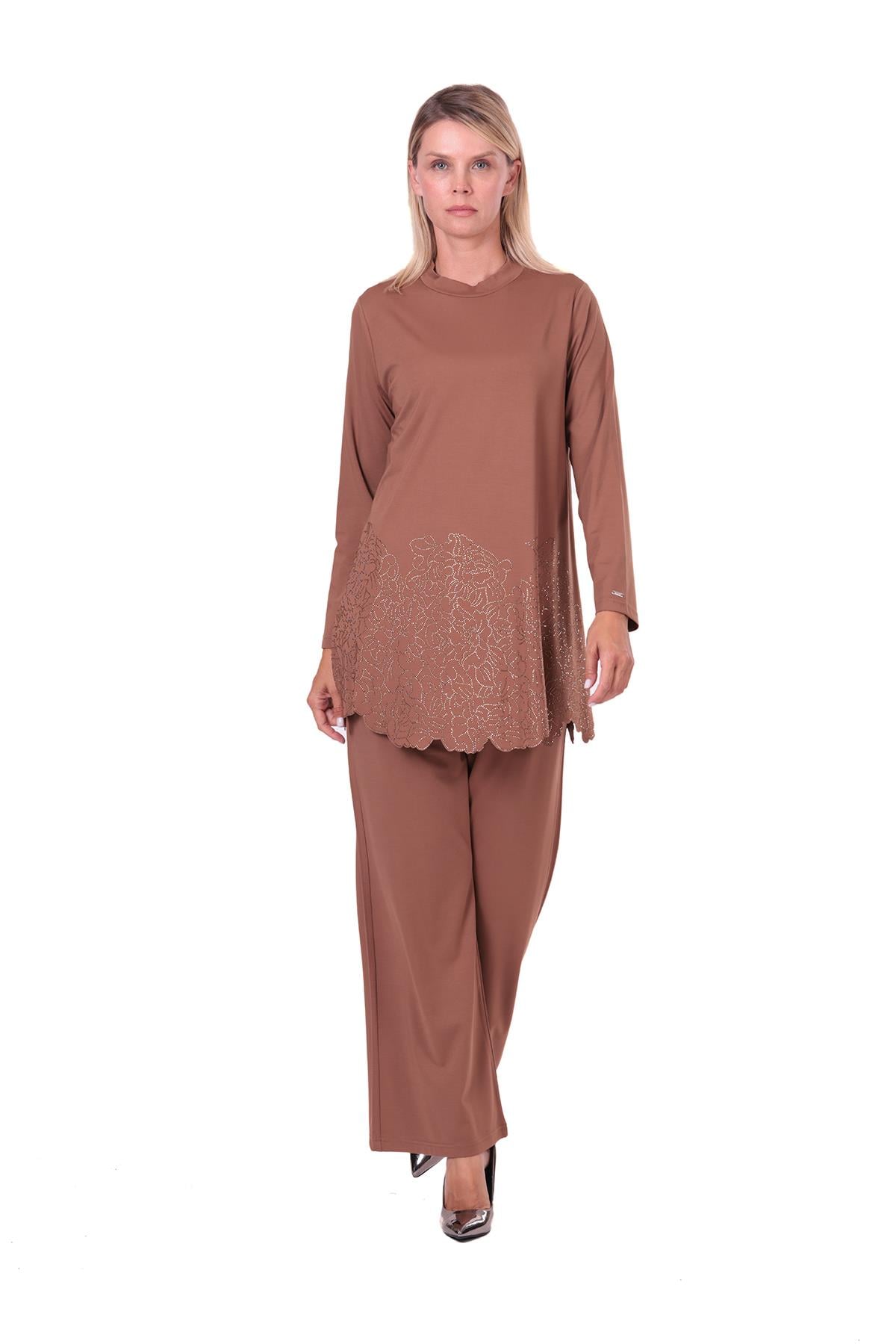 Gül Taşlı Rayon Penye Takım KAHVE