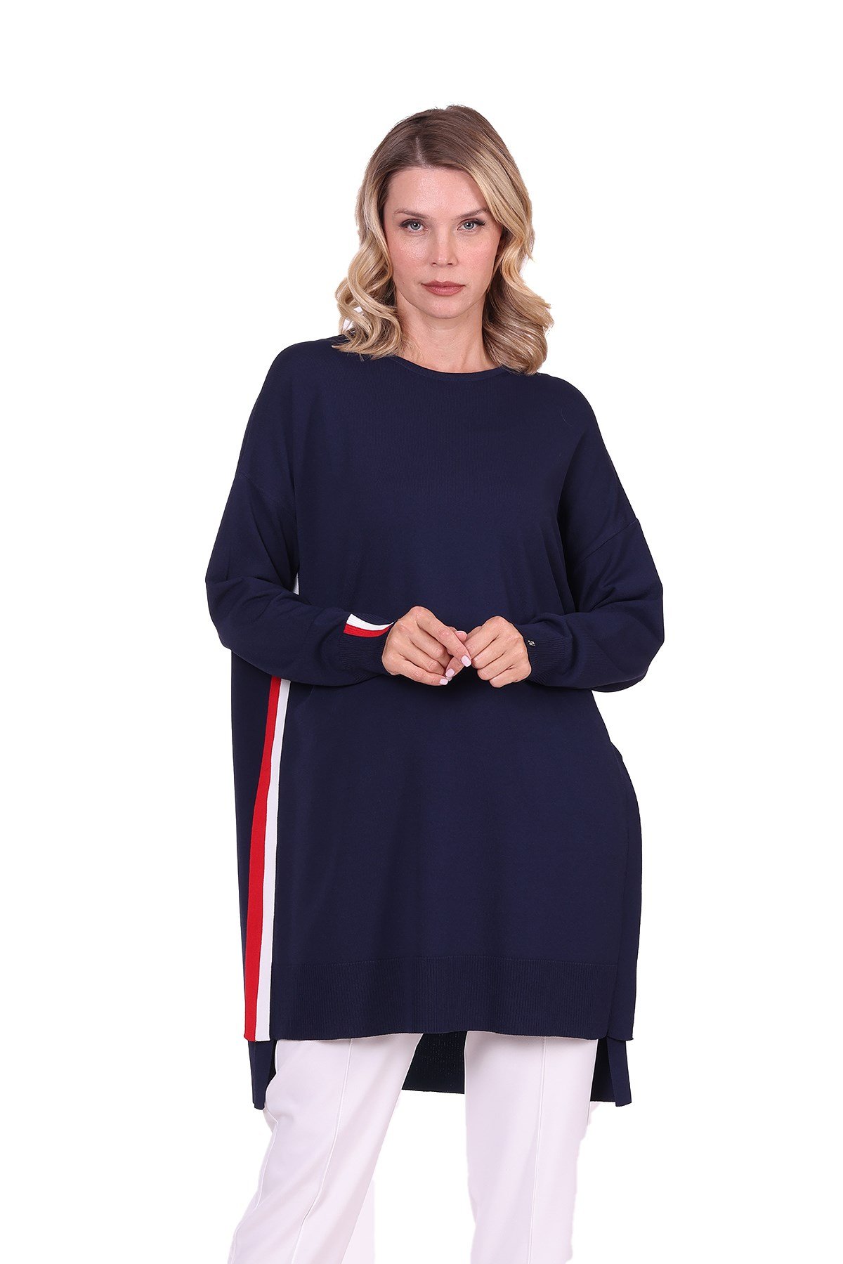 Oversize Renk Detaylı Triko Tunik LACİVERT