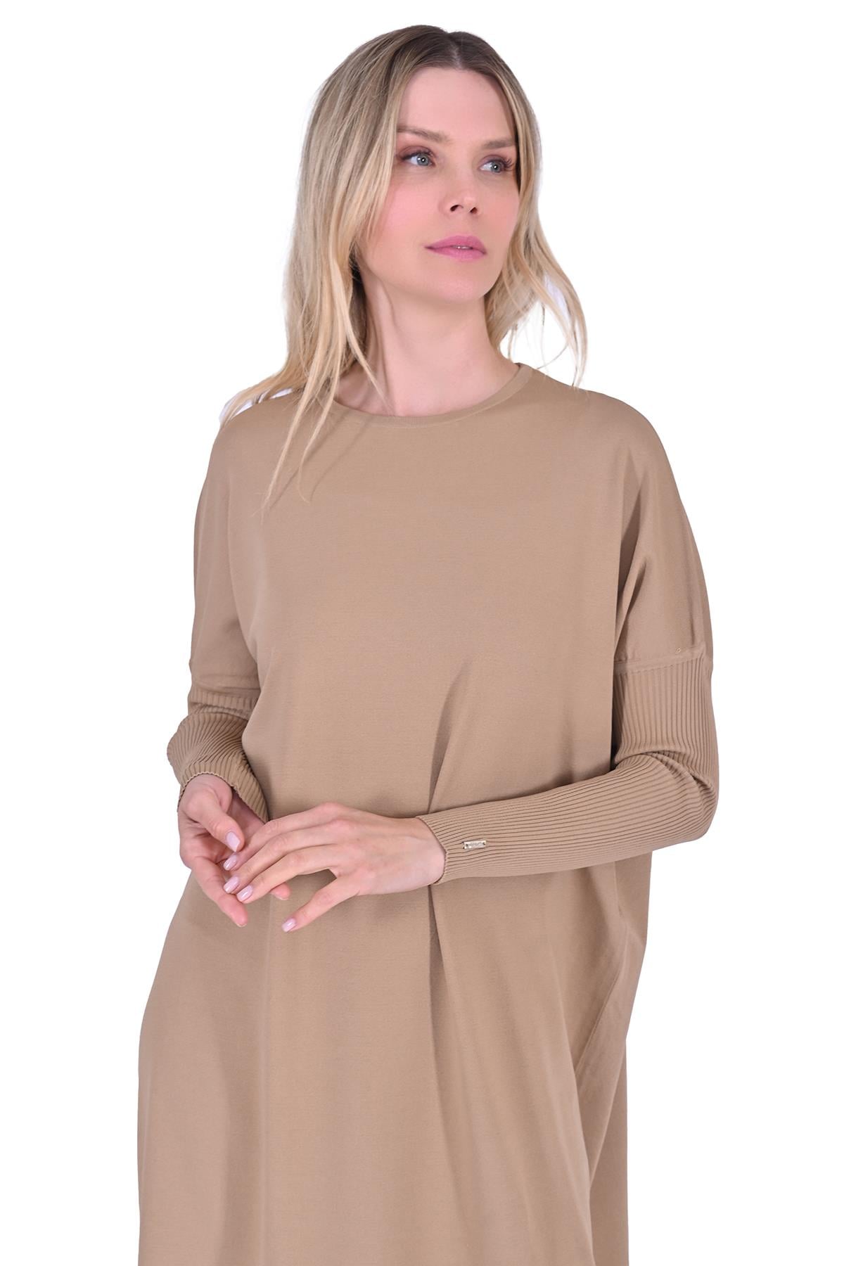 Crimped Sleeve Knitwear Dress CAMEL