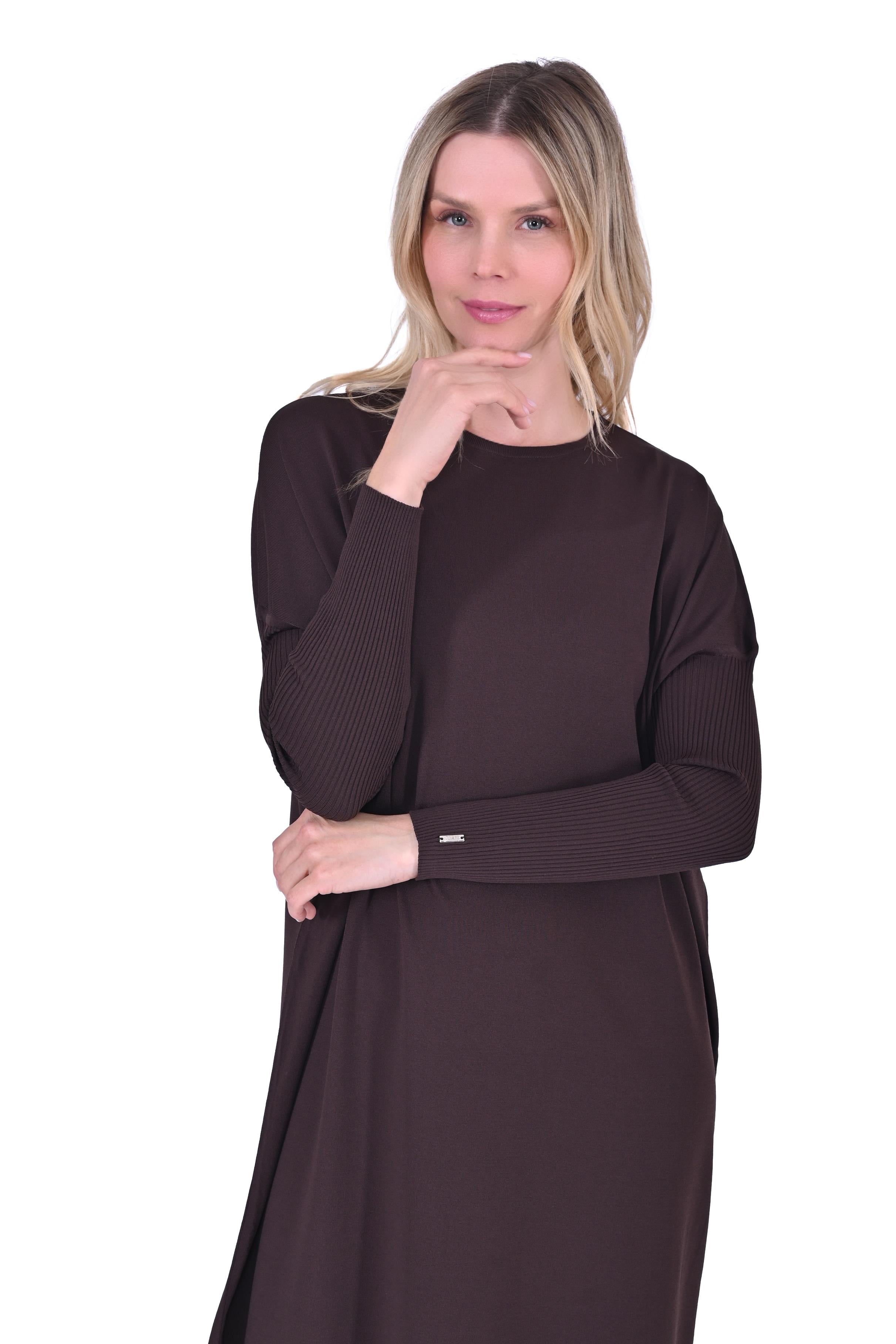 Crimped Sleeve Knitwear Dress BROWN