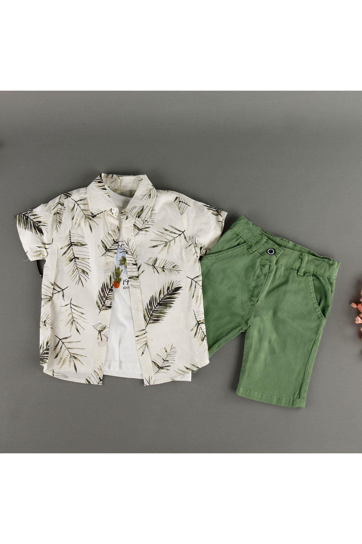 Baskılı Keten Gömlekli Pantalonlu T-Shirt 3'Lü Erkek Takım