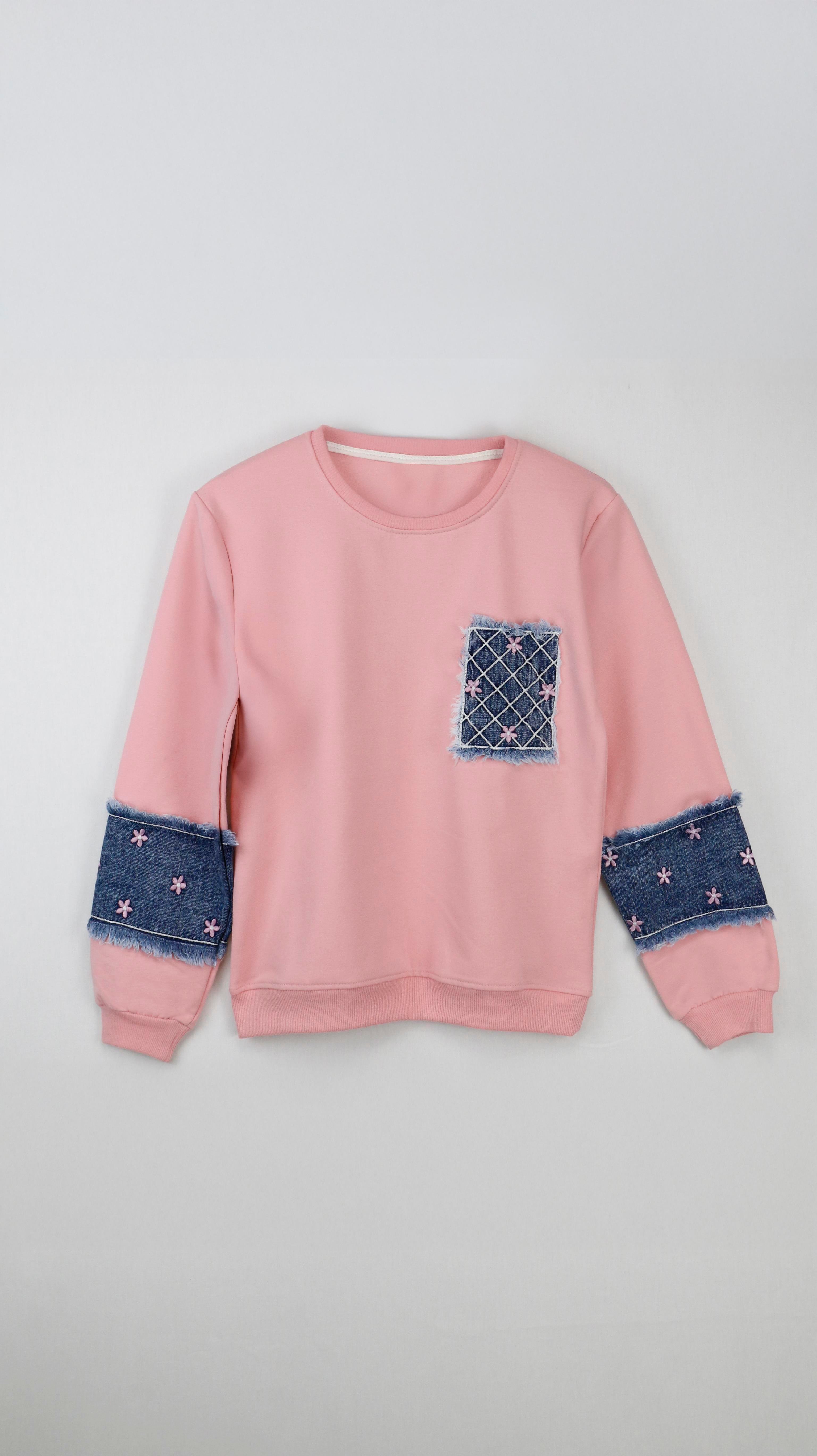Kot Desen Çiçek Nakışlı Kız Çocuk Sweatshirt