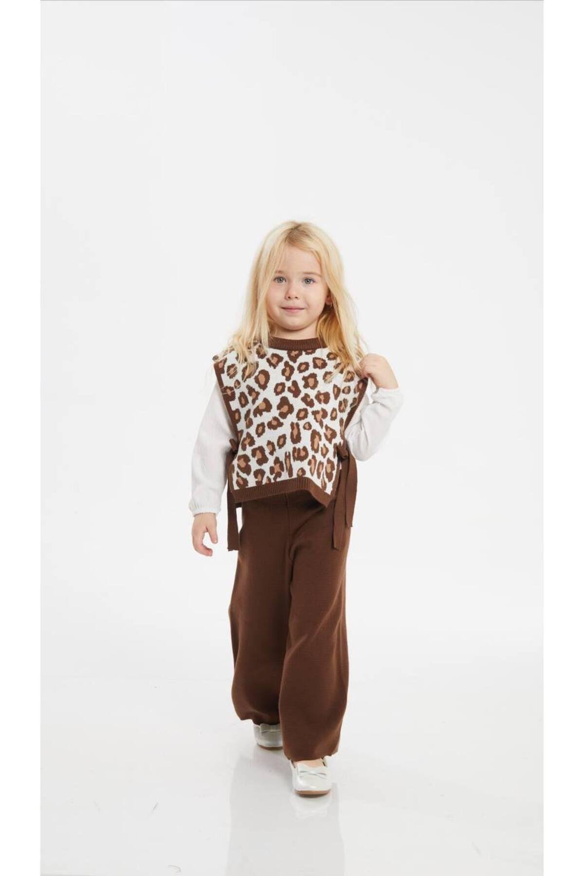 Leopar Desenli 3'Lü Triko Bebek Çocuk Kız Takım
