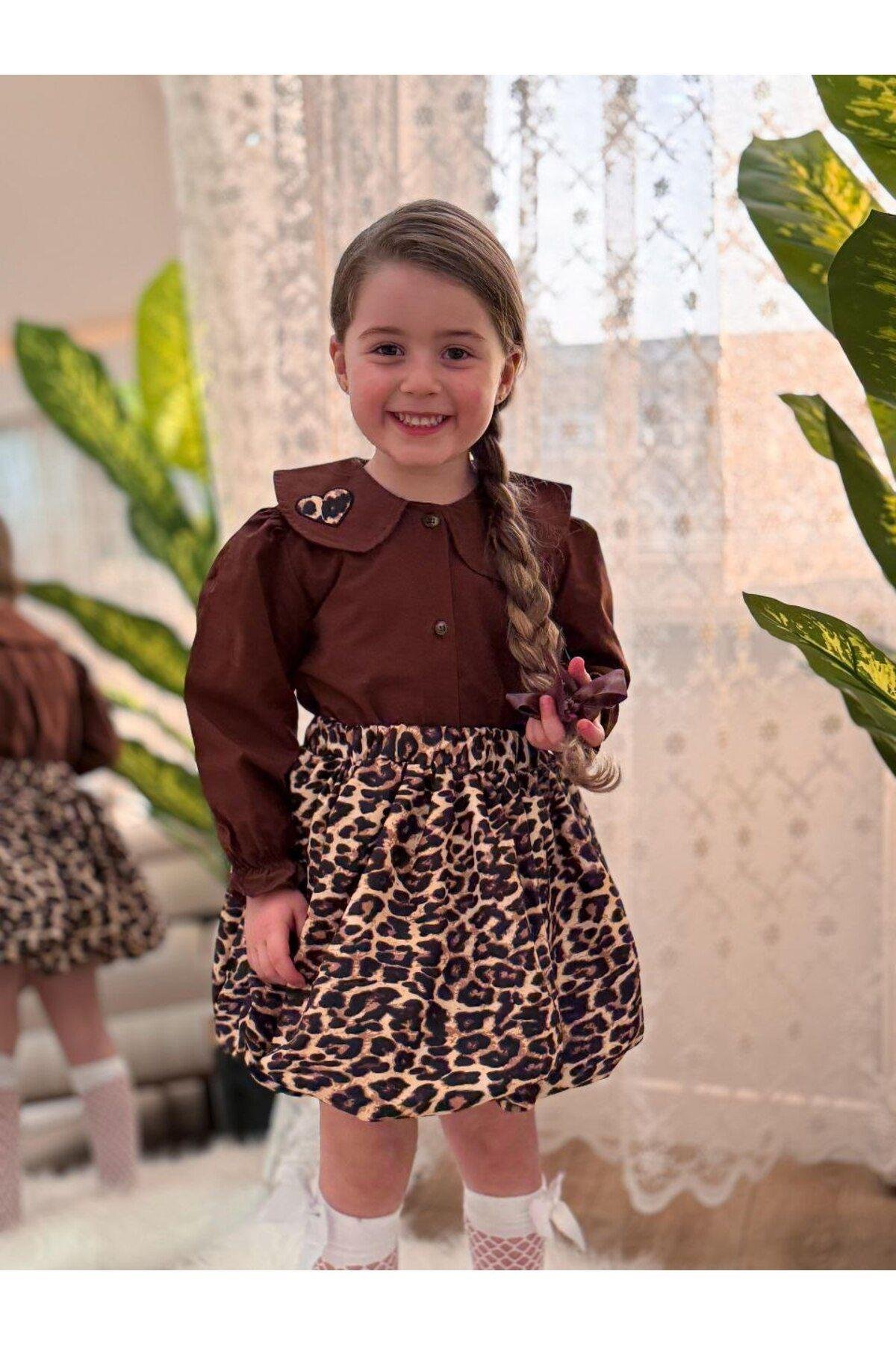 Leopar Detaylı Yakası Nakışlı  Gömlekli Etekli Tokalı 3'Lü Kız Takım