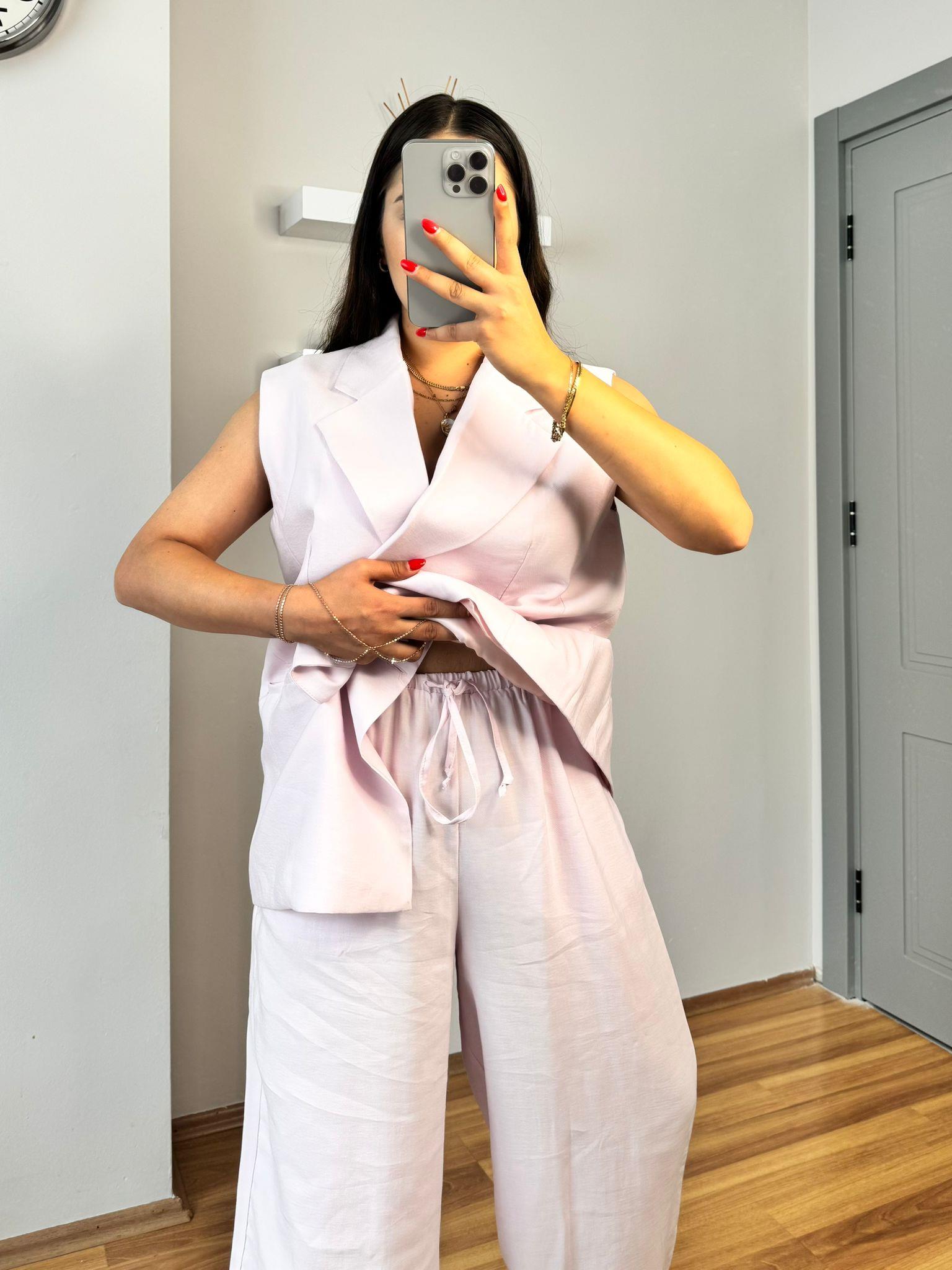 Premium Seri Tensel Kumaş Yelek Palazzo Takım toz pembe