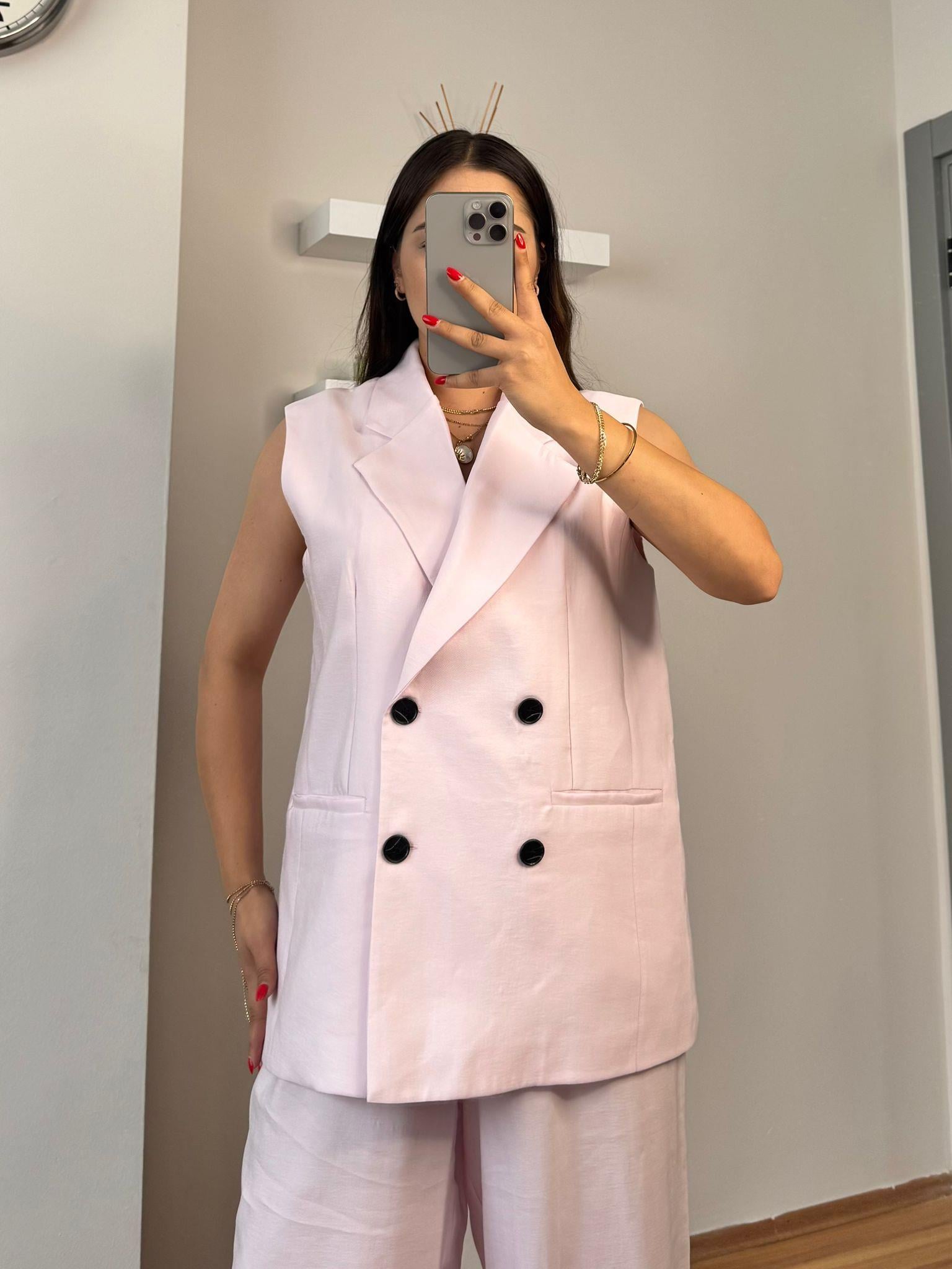 Premium Seri Tensel Kumaş Yelek Palazzo Takım toz pembe