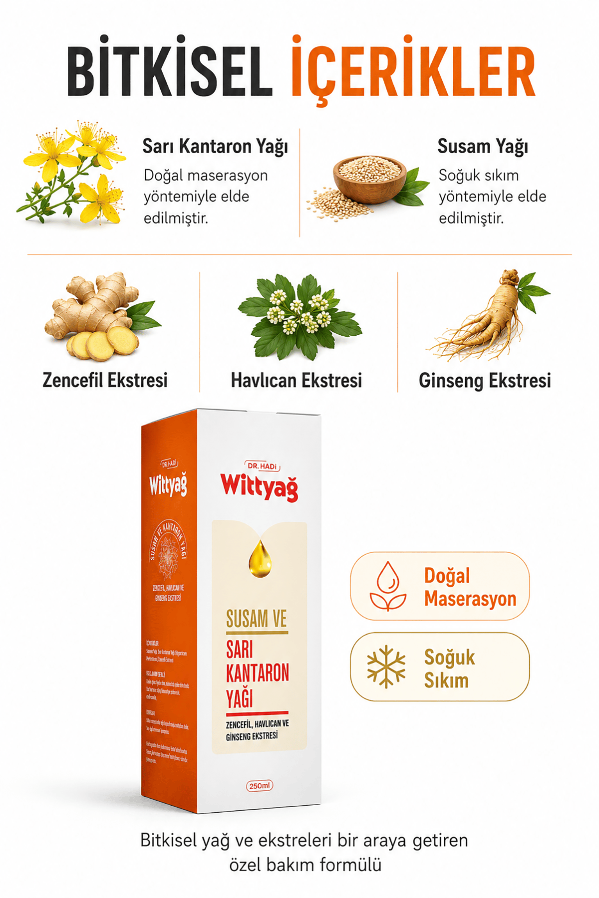 Wittyağ 250ml Bitkisel Masaj Yağı | Sarı Kantaron / Ginseng & Zencefil Ekstreli | Doğal Cilt Bakımı