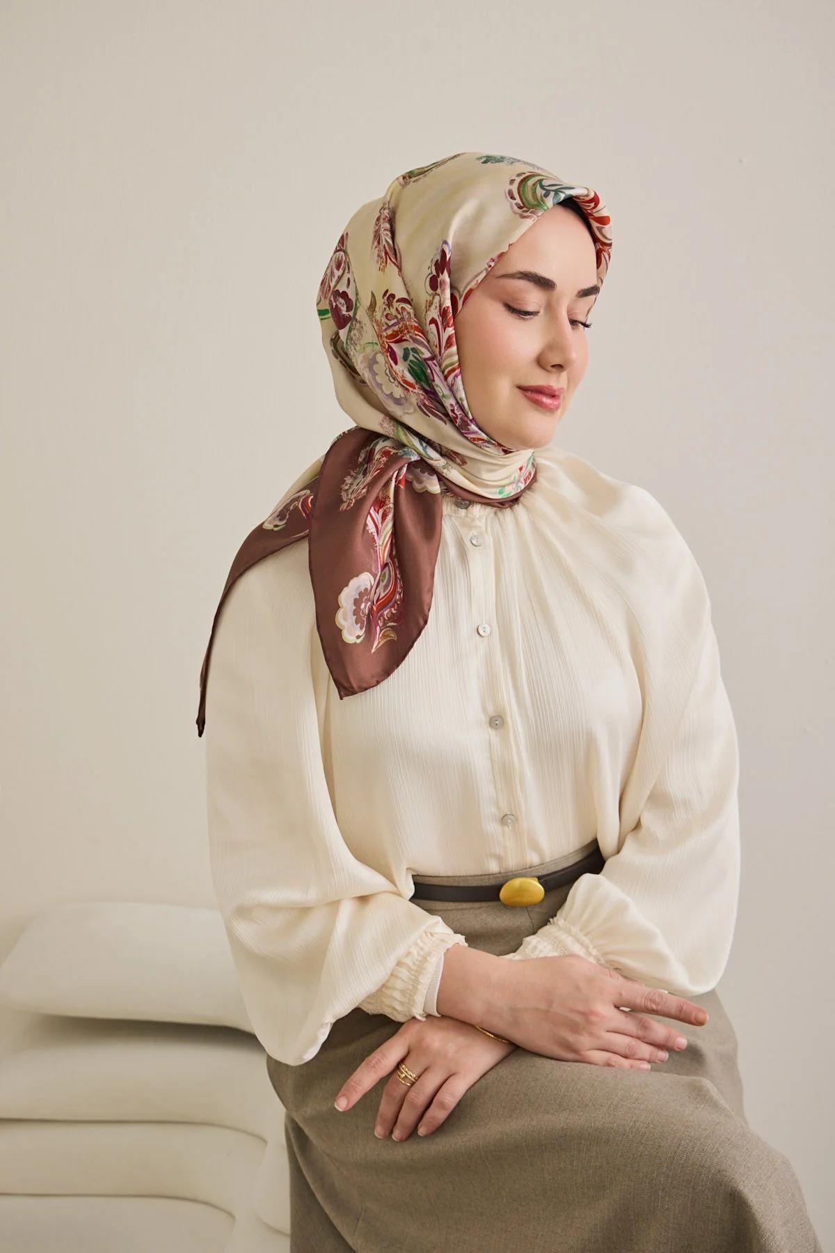 Silk Home Tivil .İpek Eşarp Kahverengi 05