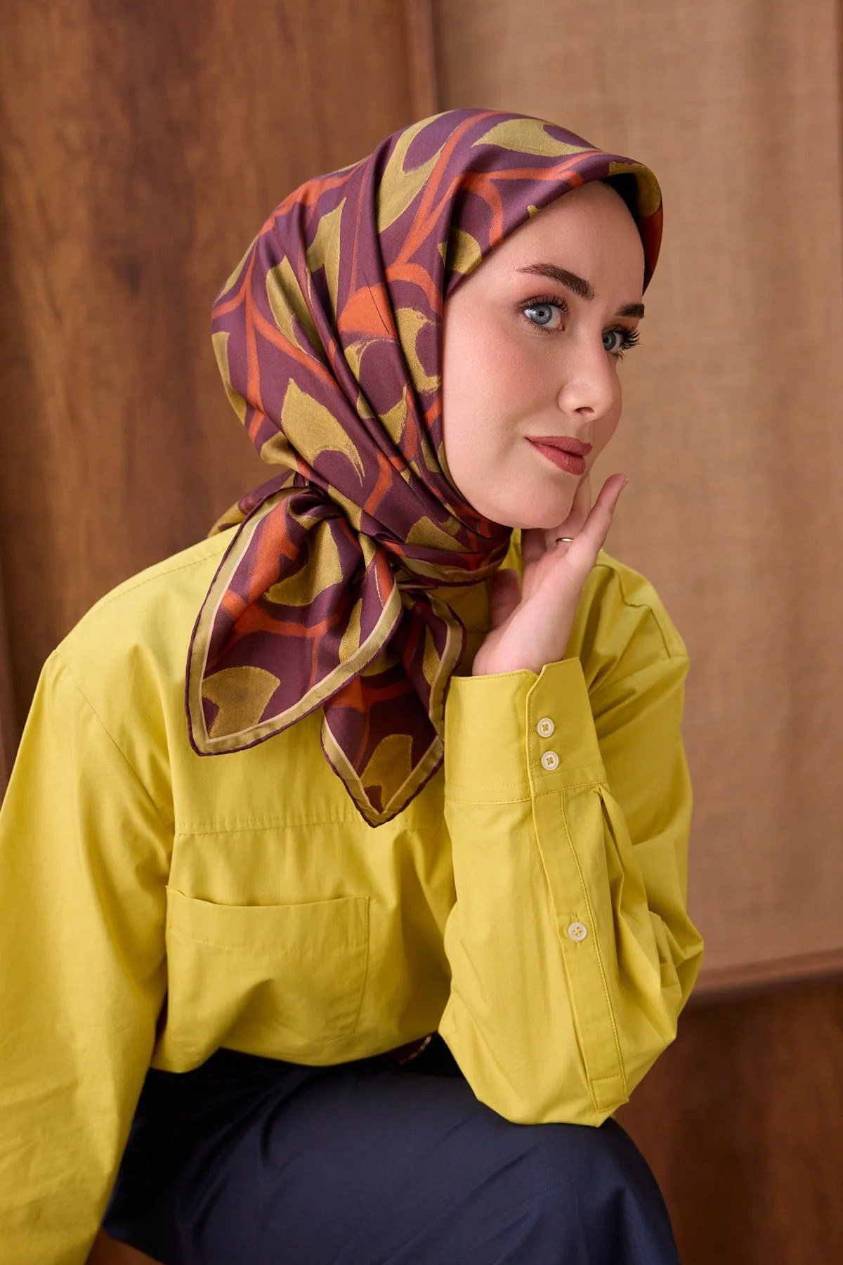 Silk Home Tivil İpek Eşarp Mürdüm-Yağ Yeşili 37