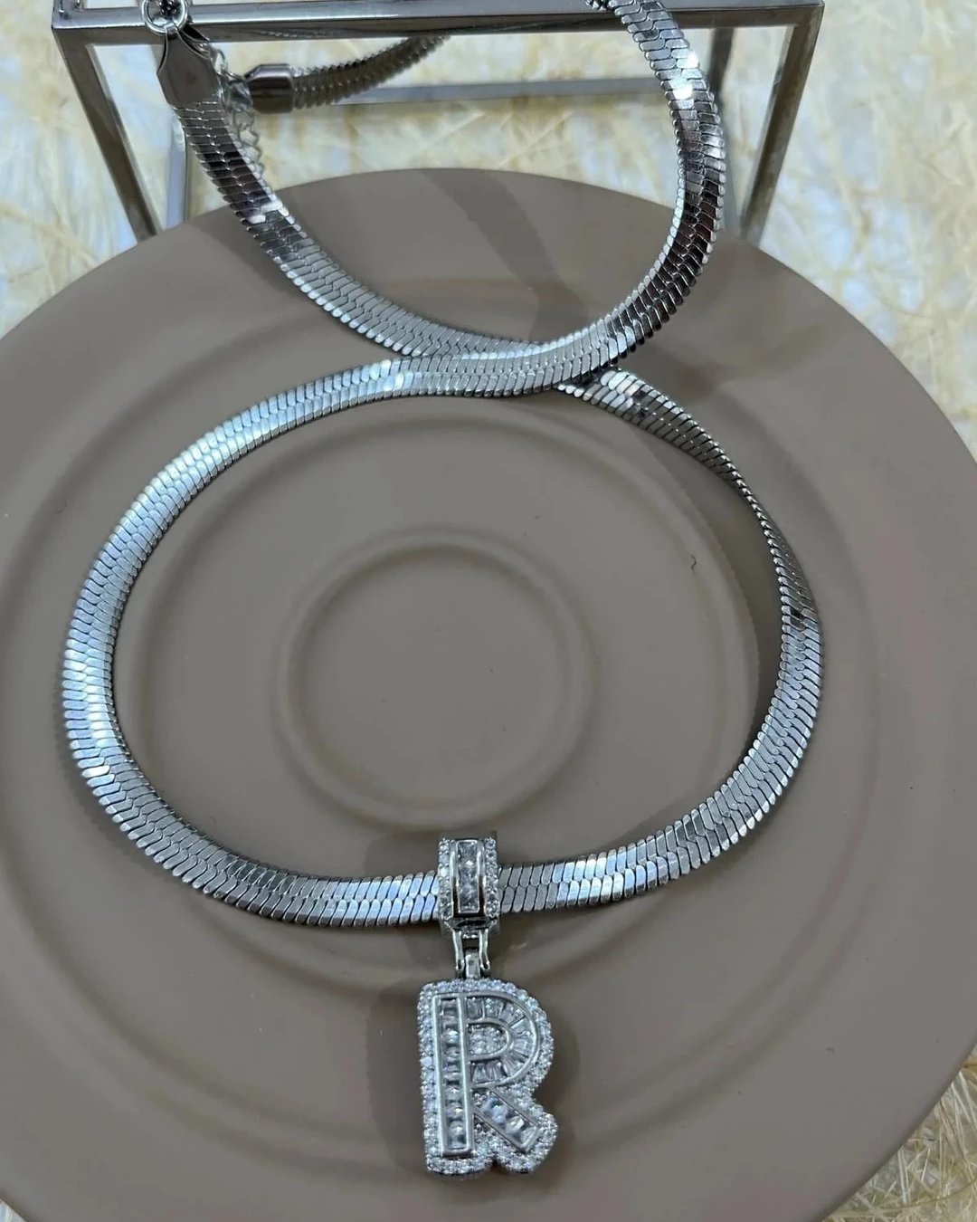 Çelik İtalyan Zincir ve Zirkon Taşlı Çelik Harf Kolye Kombin R Harfi Silver