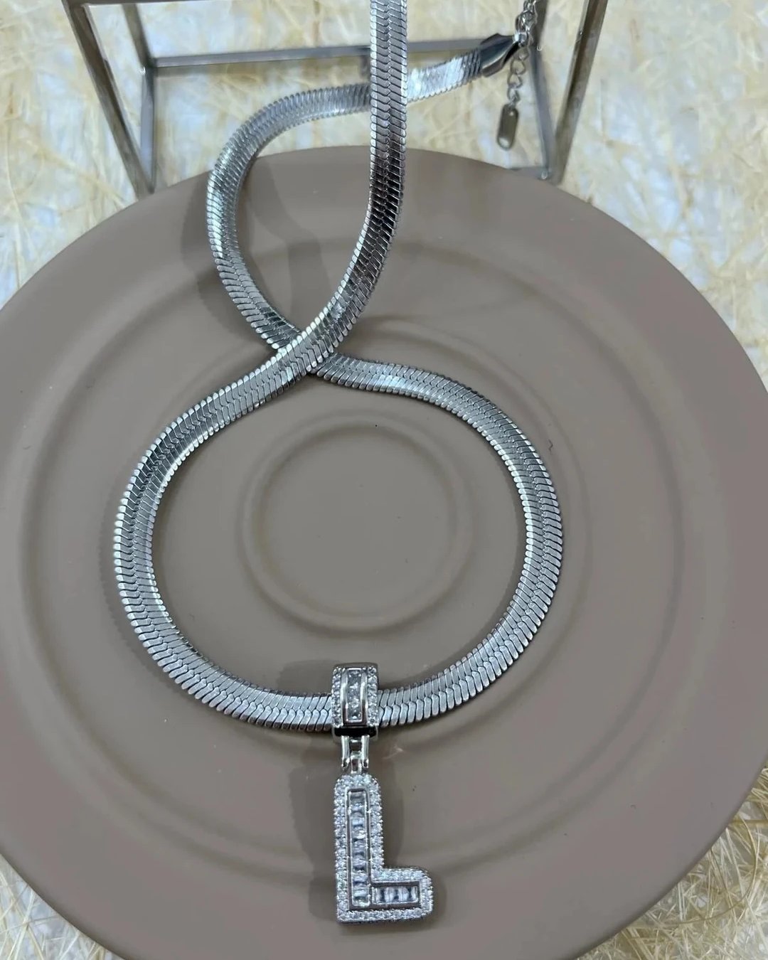 Çelik İtalyan Zincir ve Zirkon Taşlı Çelik Harf Kolye Kombin L Harfi Silver