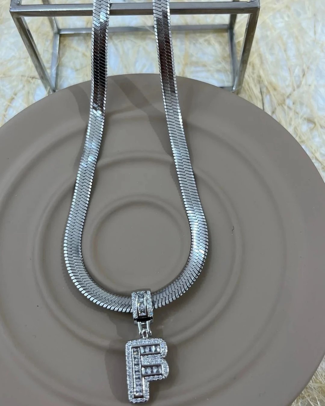 Çelik İtalyan Zincir ve Zirkon Taşlı Çelik Harf Kolye Kombin F Harfi Silver