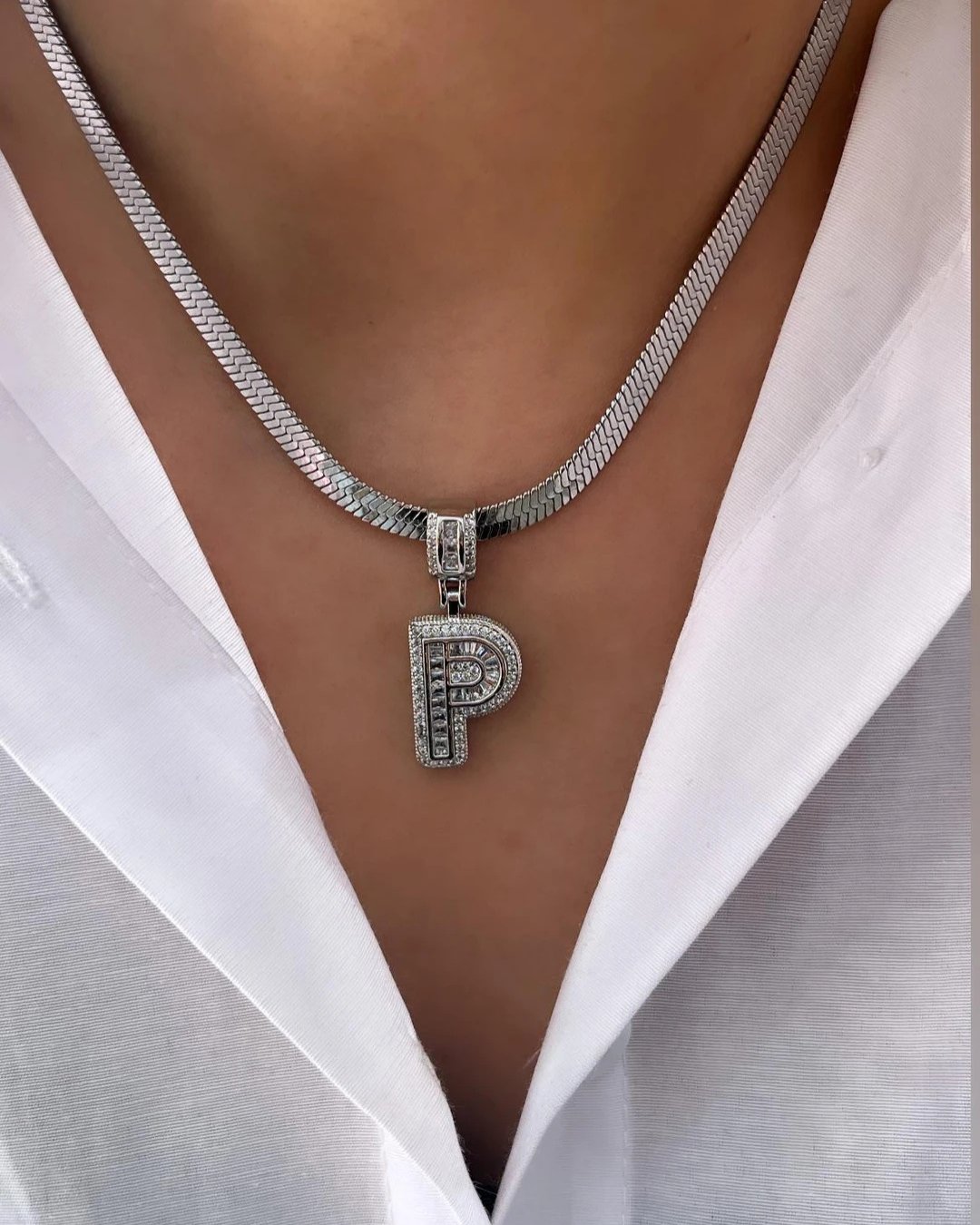 Çelik İtalyan Zincir ve Zirkon Taşlı Çelik Harf Kolye Kombin P Harfi Silver