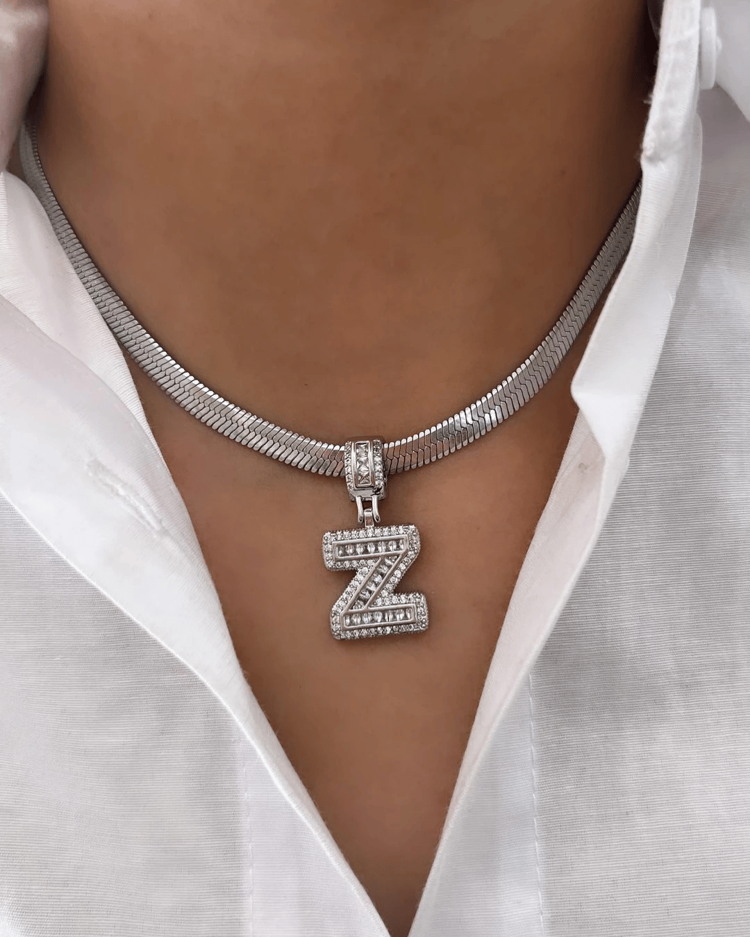 Çelik İtalyan Zincir ve Zirkon Taşlı Çelik Harf Kolye Kombin Z Harfi Silver