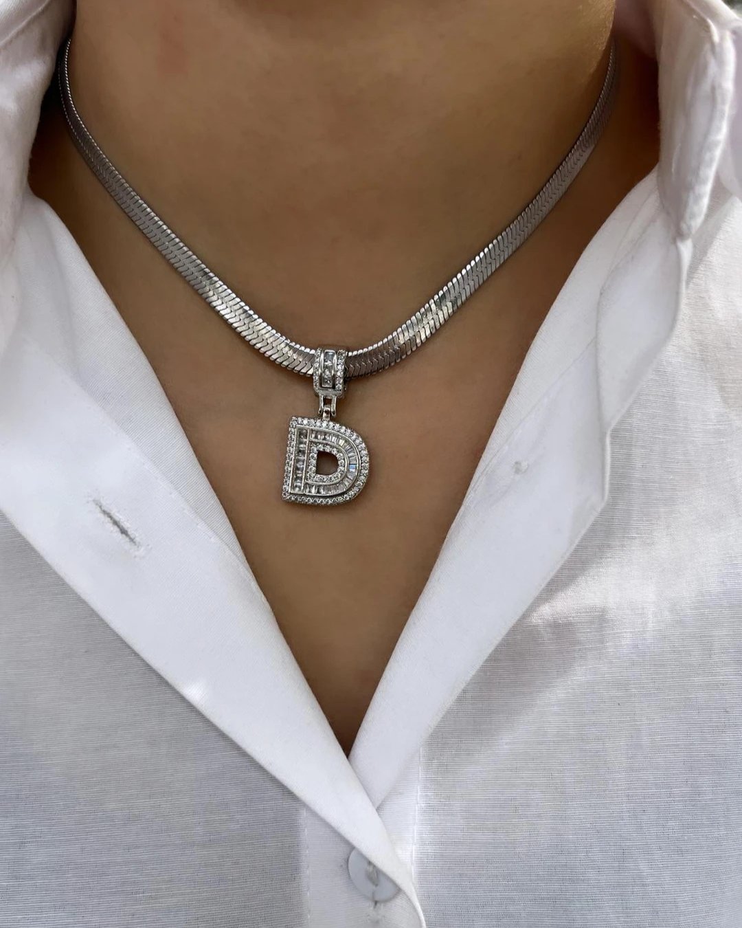Çelik İtalyan Zincir ve Zirkon Taşlı Çelik Harf Kolye Kombin D Harfi Silver