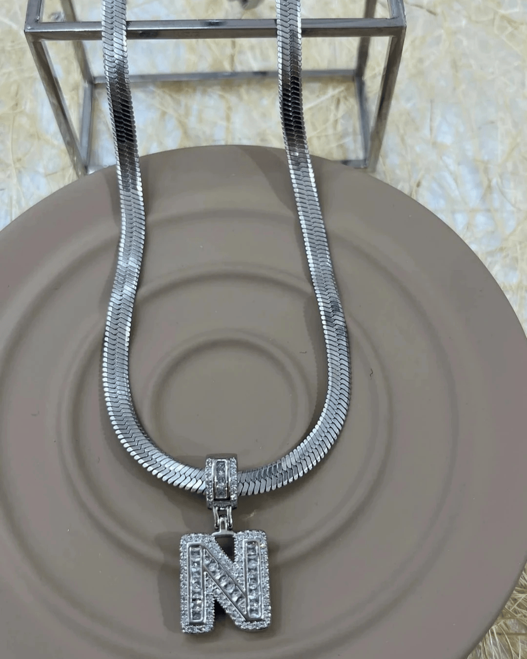 Çelik İtalyan Zincir ve Zirkon Taşlı Çelik Harf Kolye Kombin N Harfi Silver