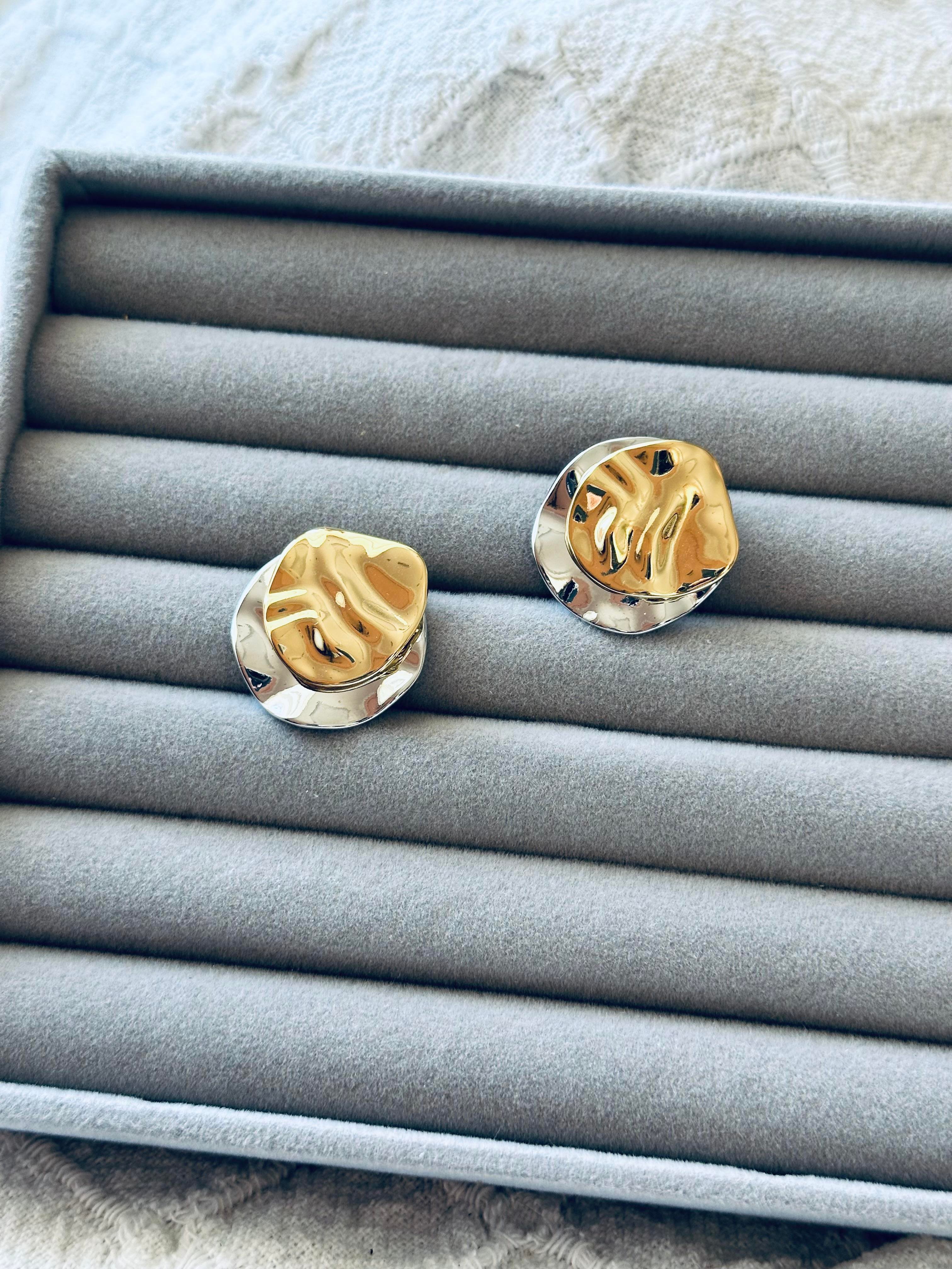 İki Renk İki Katman Geometrik Model Çelik Küpe Silver-Gold 