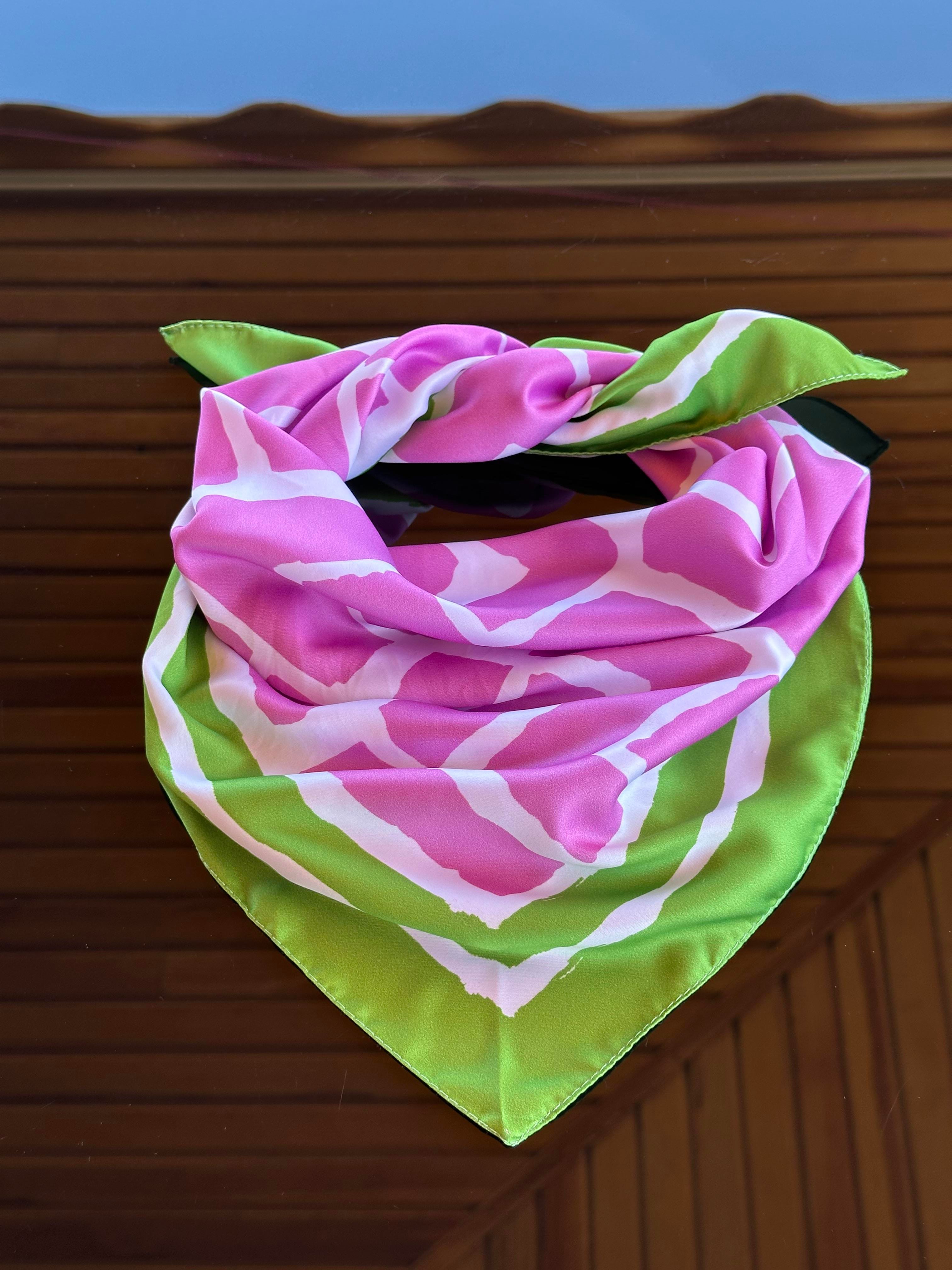 Pembe&Yeşil Geometrik Desen Saten Fular