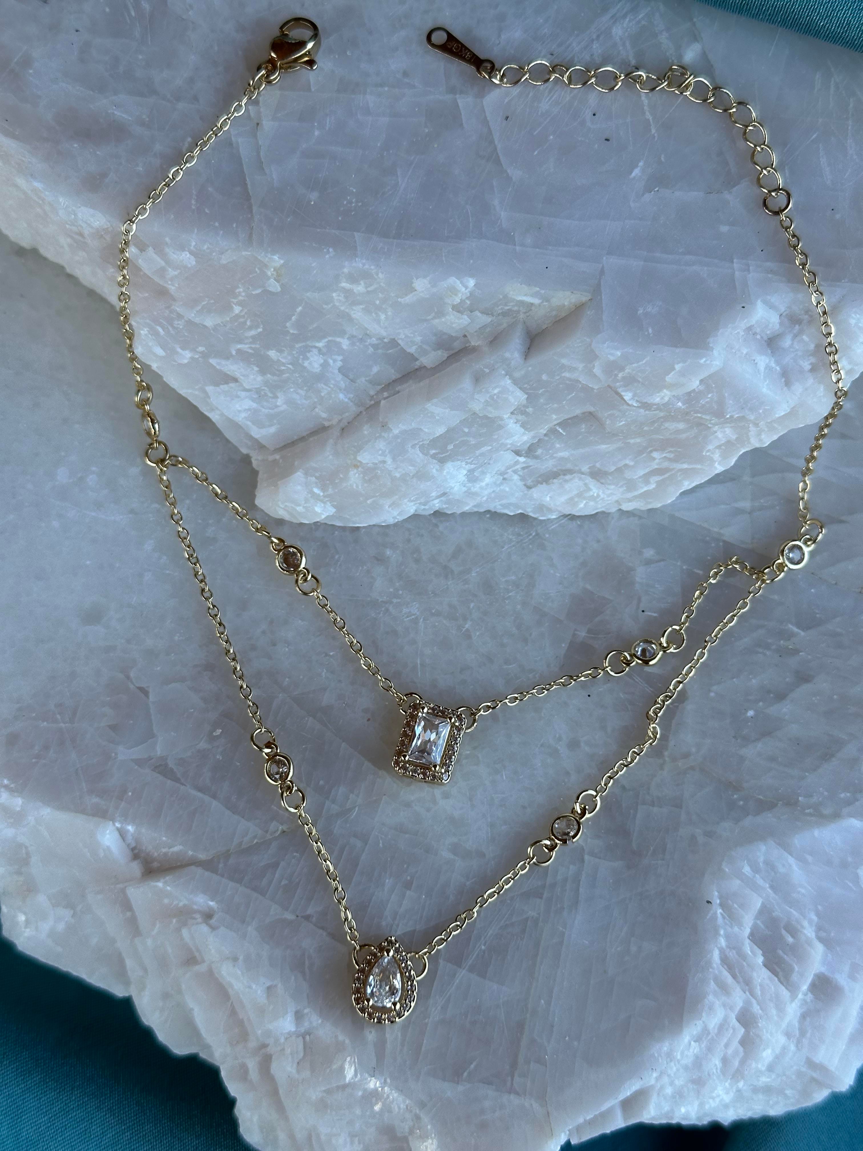 Premium Tasarım Baget & Zirkon Taşlı İkili Zincir 316L Çelik Halhal Gold