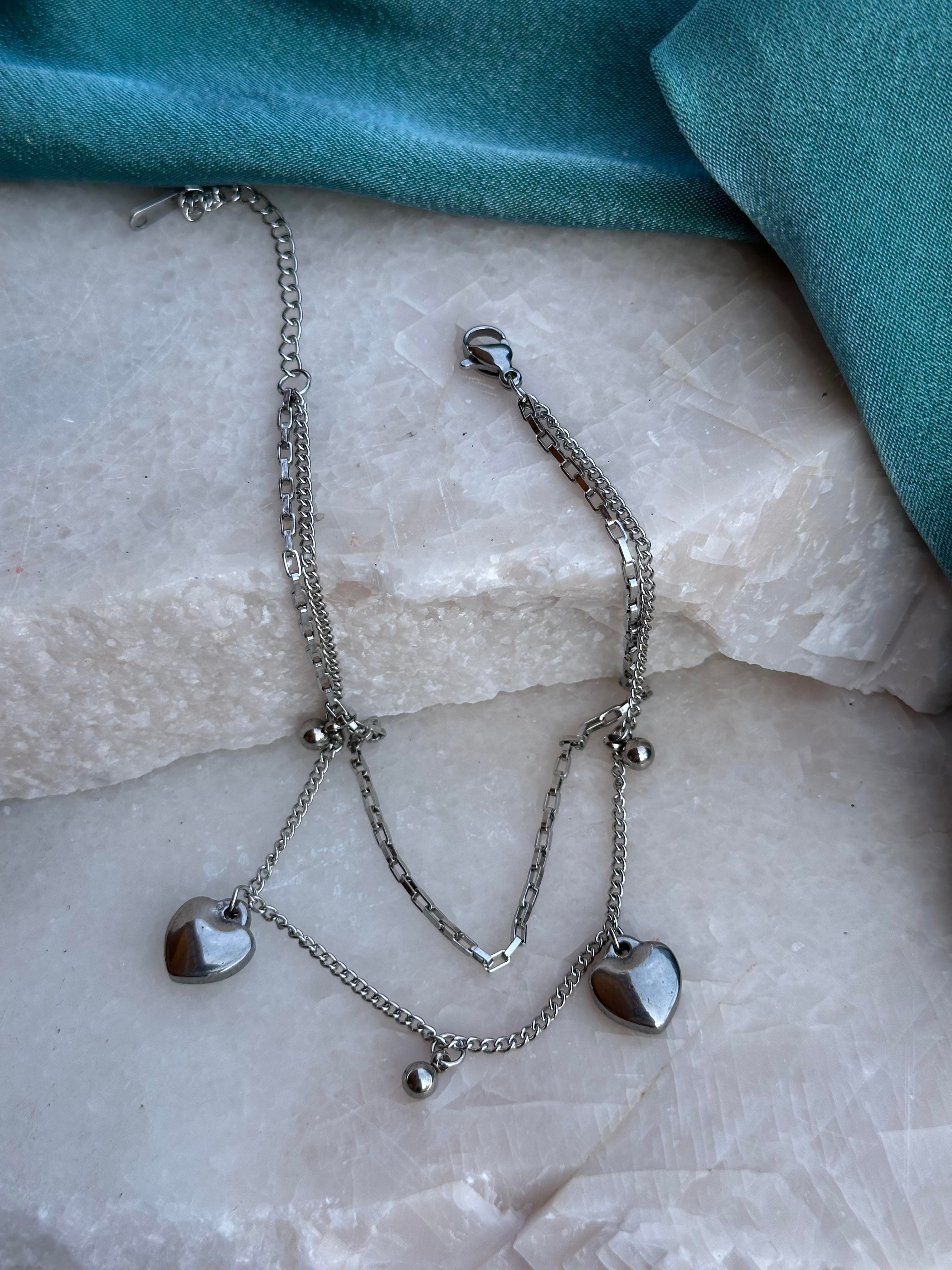 Silver Çift Zincir & Kalp Figür 316L Çelik Halhal