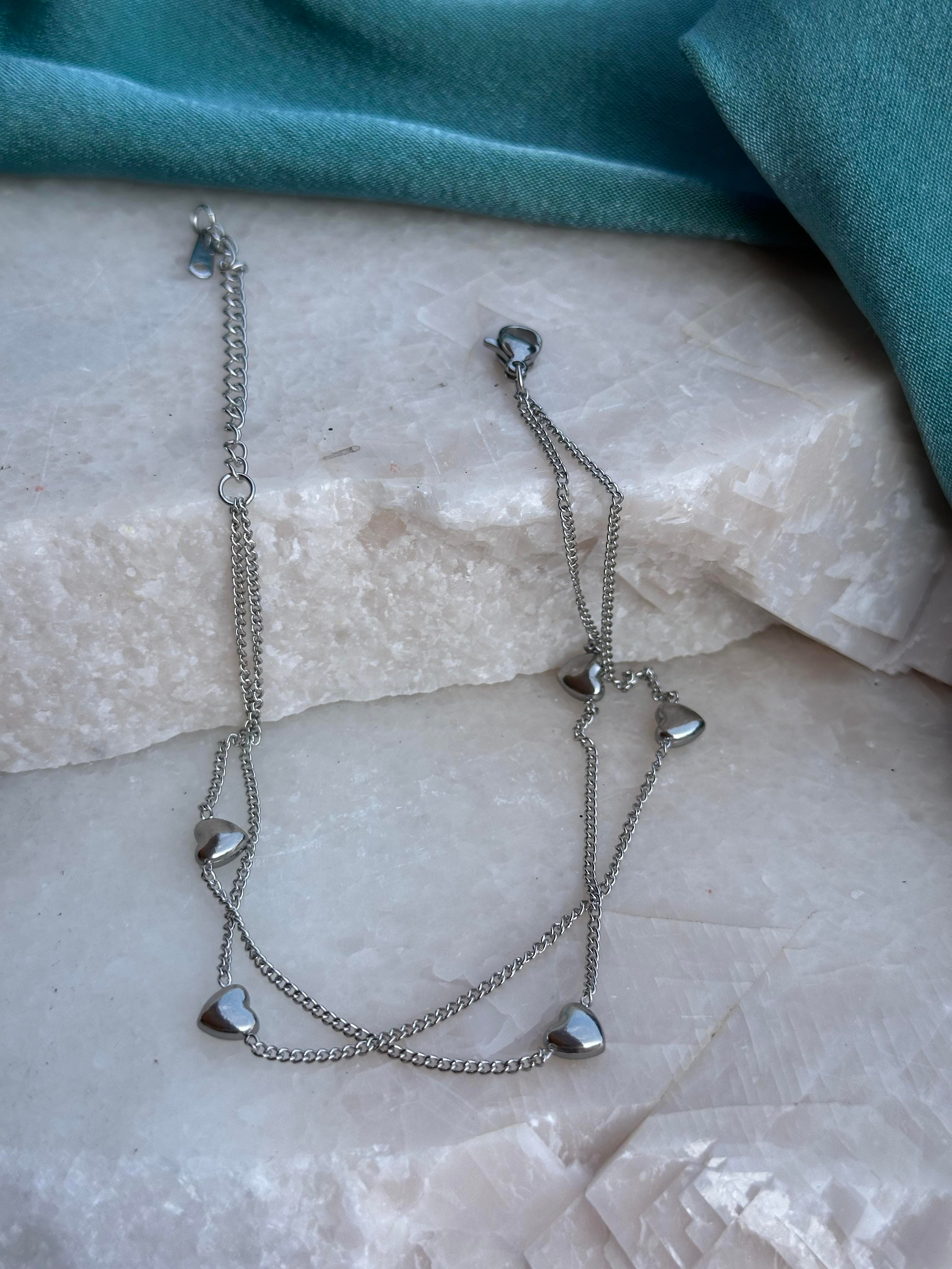 Silver Çift Zincir & Mini Kalp Figür 316L Çelik Halhal