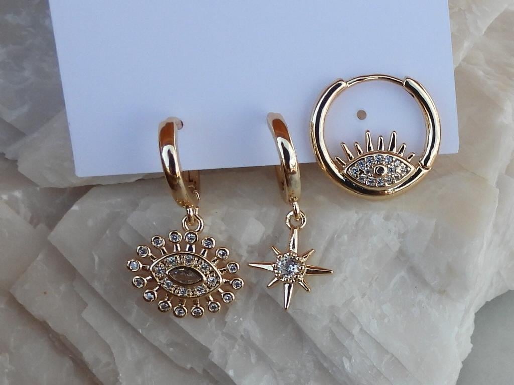 Zirkon Taşlı Göz Model 3 lü Set Çelik Halka Küpe