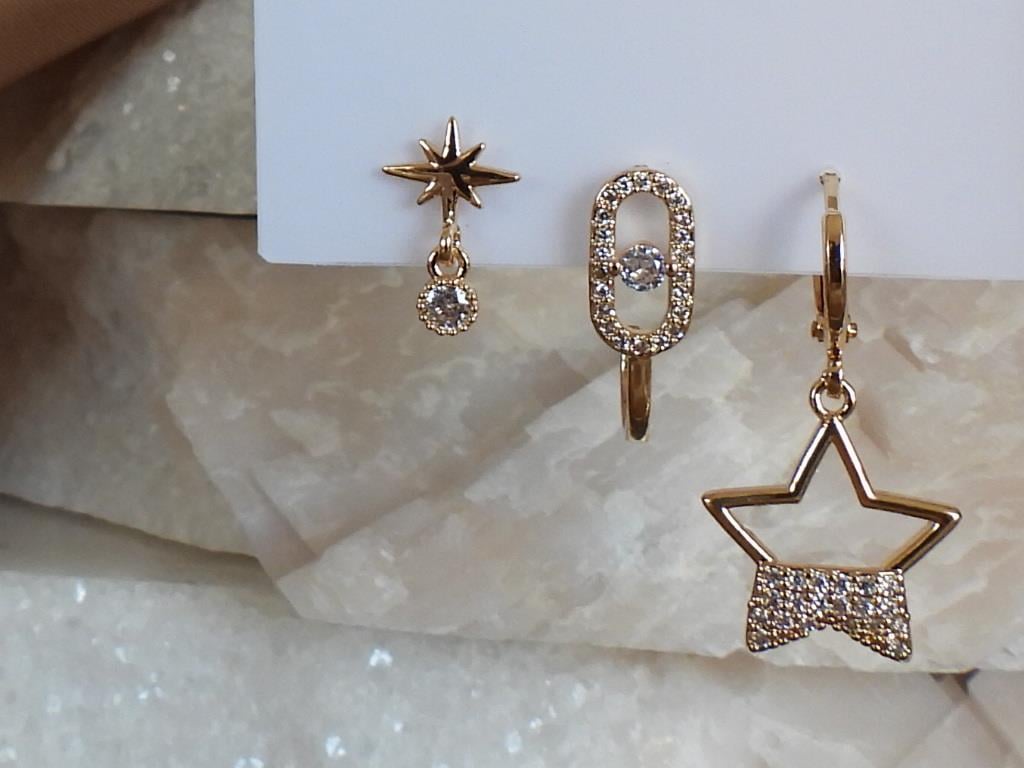 Zirkon Taşlı Yıldız 3lü Set Çelik-YSX Küpe Gold