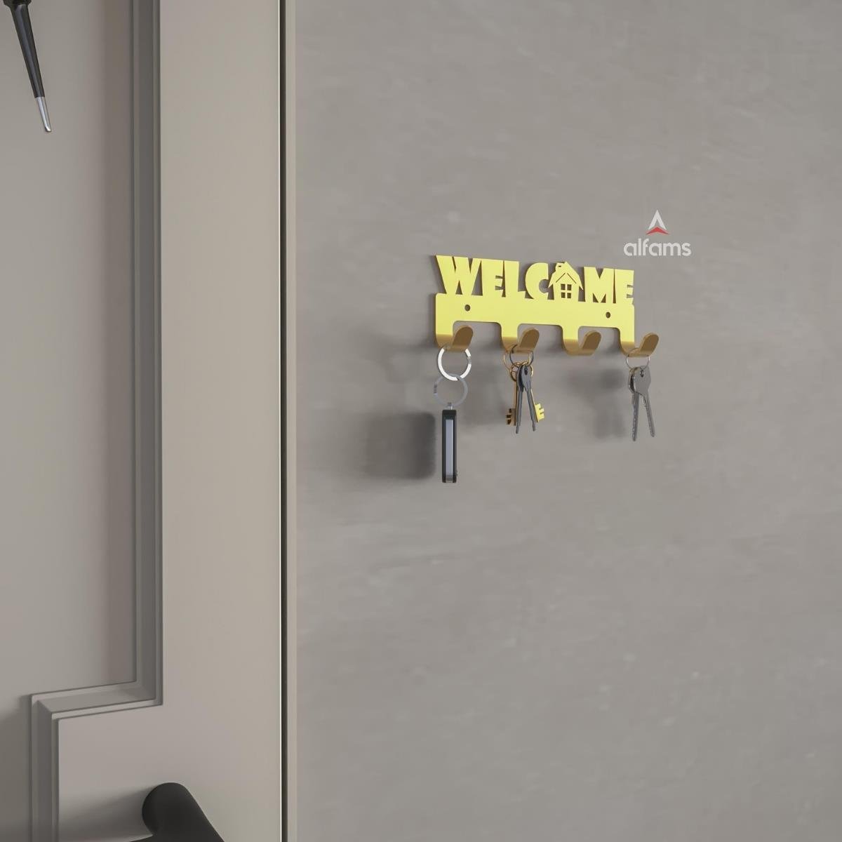 Alfams Welcome Yazılı Metal Anahtar Askılığı – 14 cm Vidalı Ceket ve Takı Organizeri