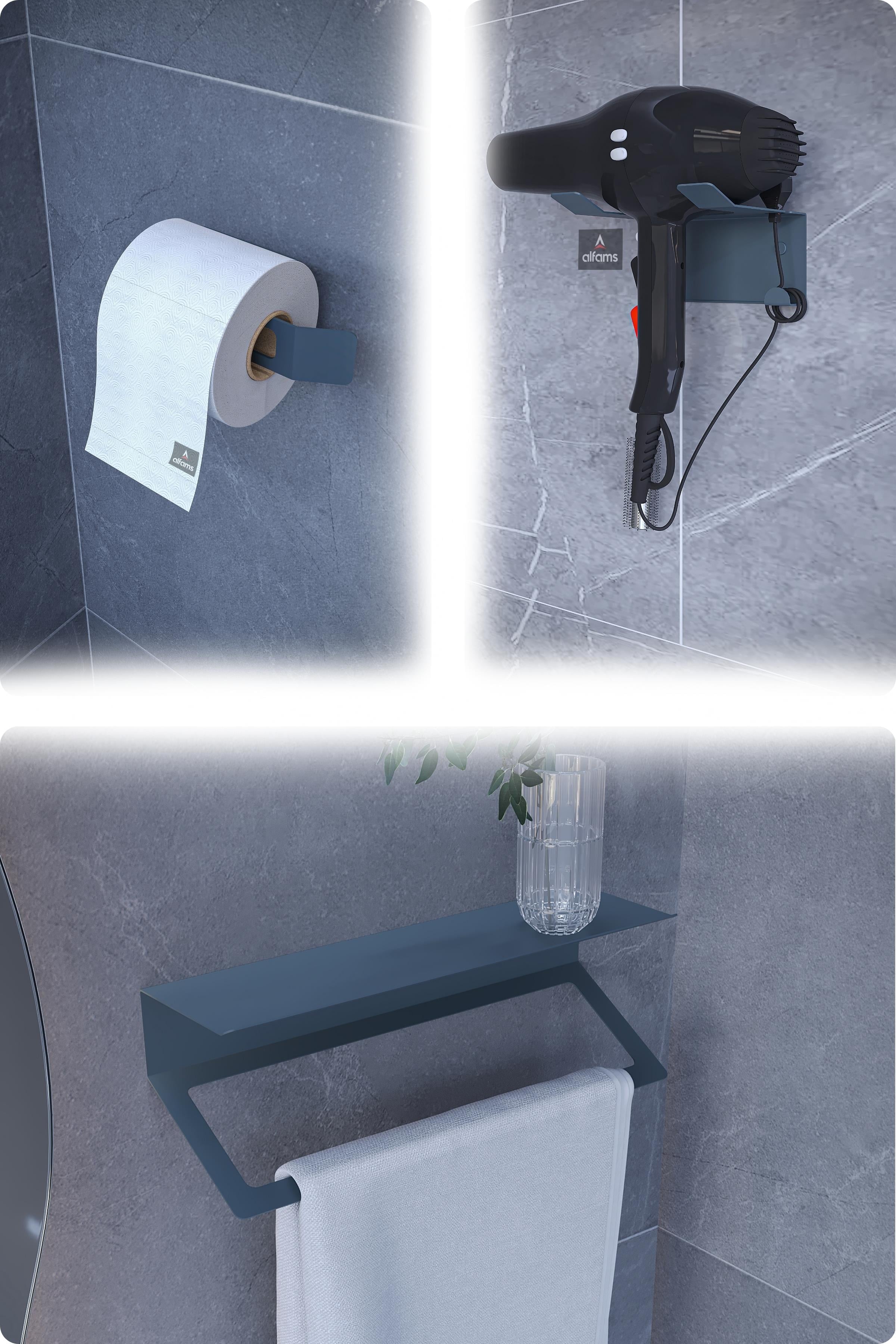 Metal 3'lü Set – Tuvalet Kağıtlık, Havlu Askısı ve Fön Makinesi Tutucu | Modern Banyo Düzenleyici