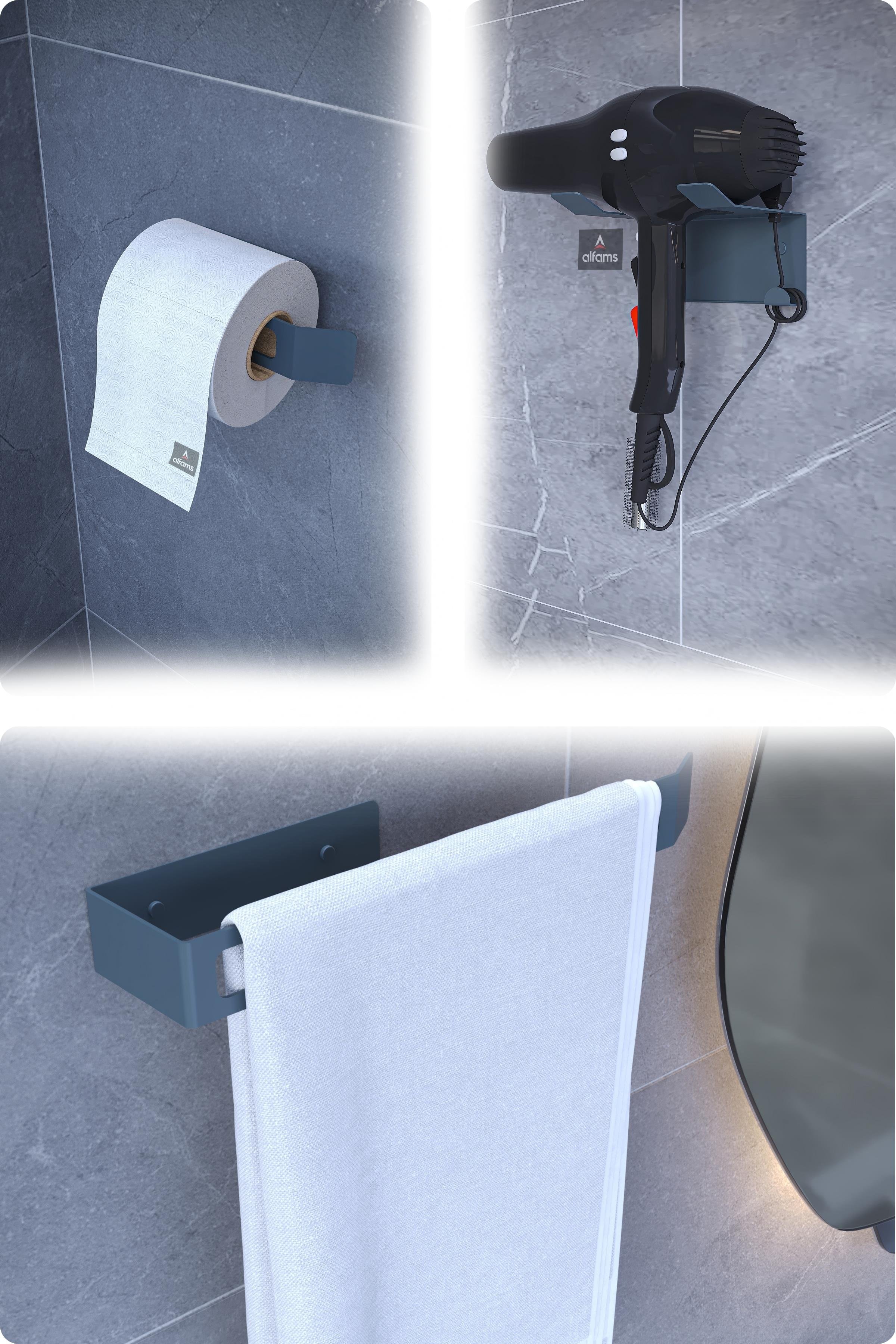 Metal 3'lü Set – Tuvalet Kağıtlık, Havlu Askısı ve Fön Makinesi Tutucu | Modern Banyo Düzenleyici