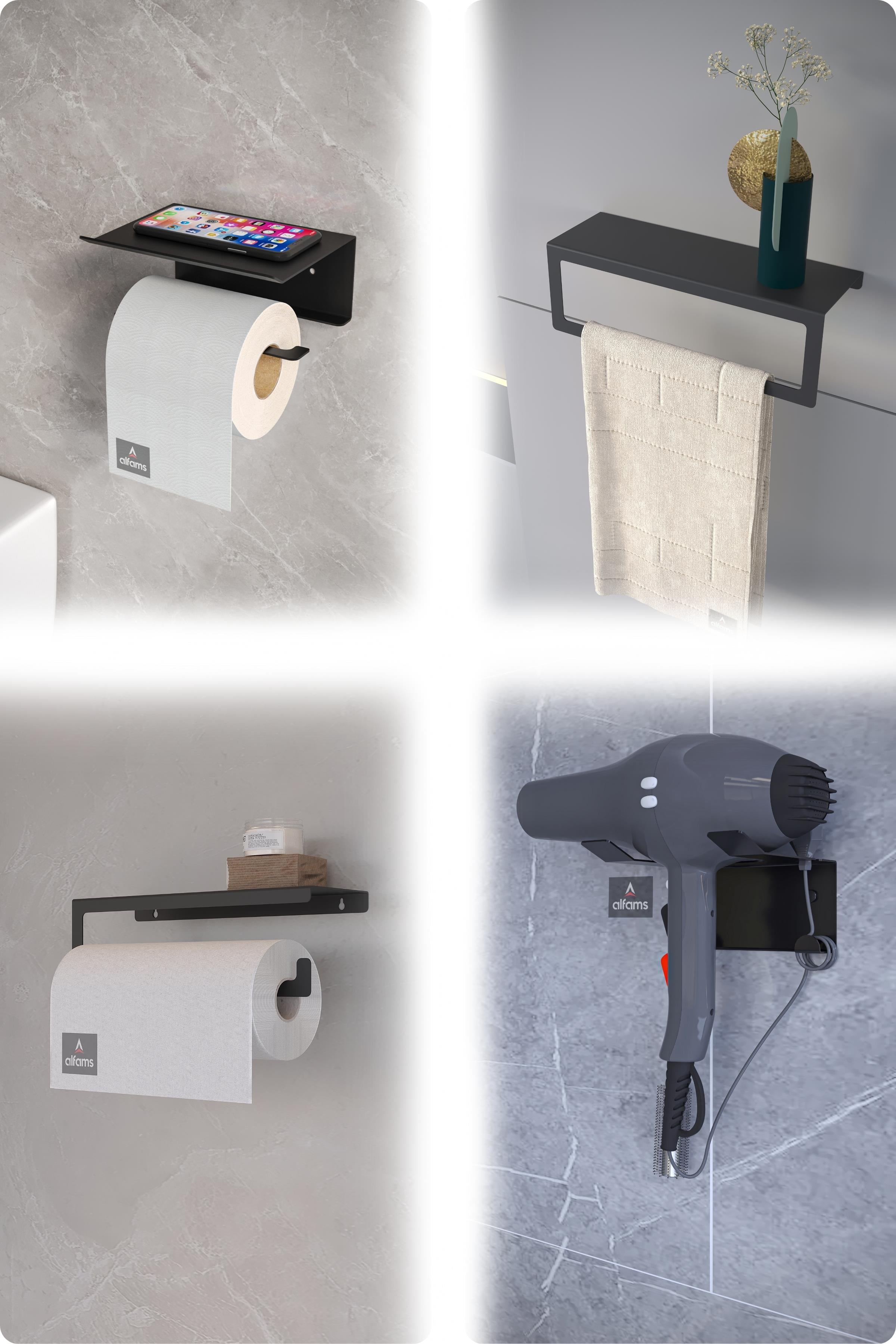 Metal 4'lü Set – Tuvalet Kağıtlık, Havlu Askısı, Kağıt Havluluk ve Fön Makinesi Tutucu | Modern Banyo ve Mutfak Düzenleyici