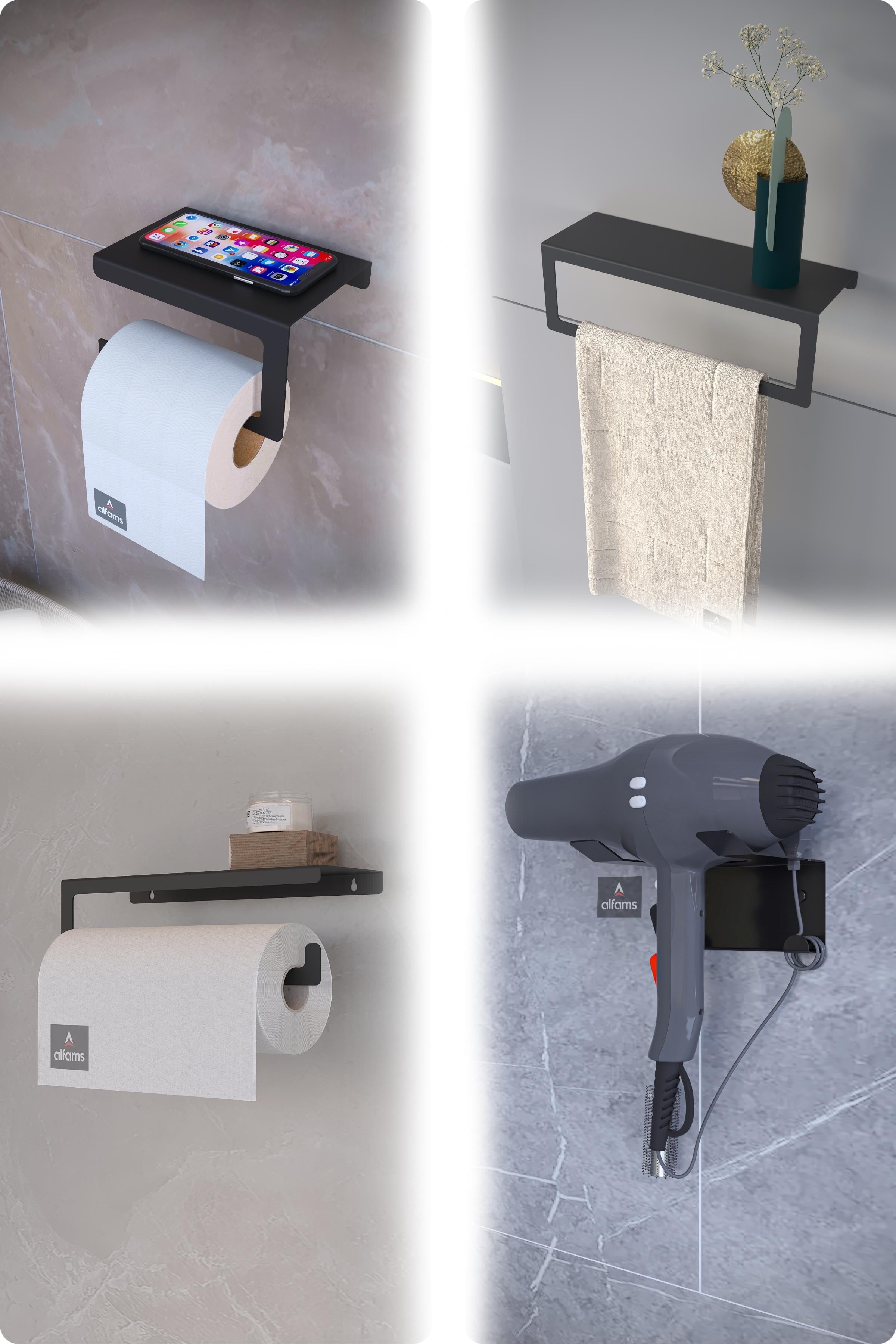 Metal 4'lü Set – Tuvalet Kağıtlık, Havlu Askısı, Kağıt Havluluk ve Fön Makinesi Tutucu | Modern Banyo ve Mutfak Düzenleyici