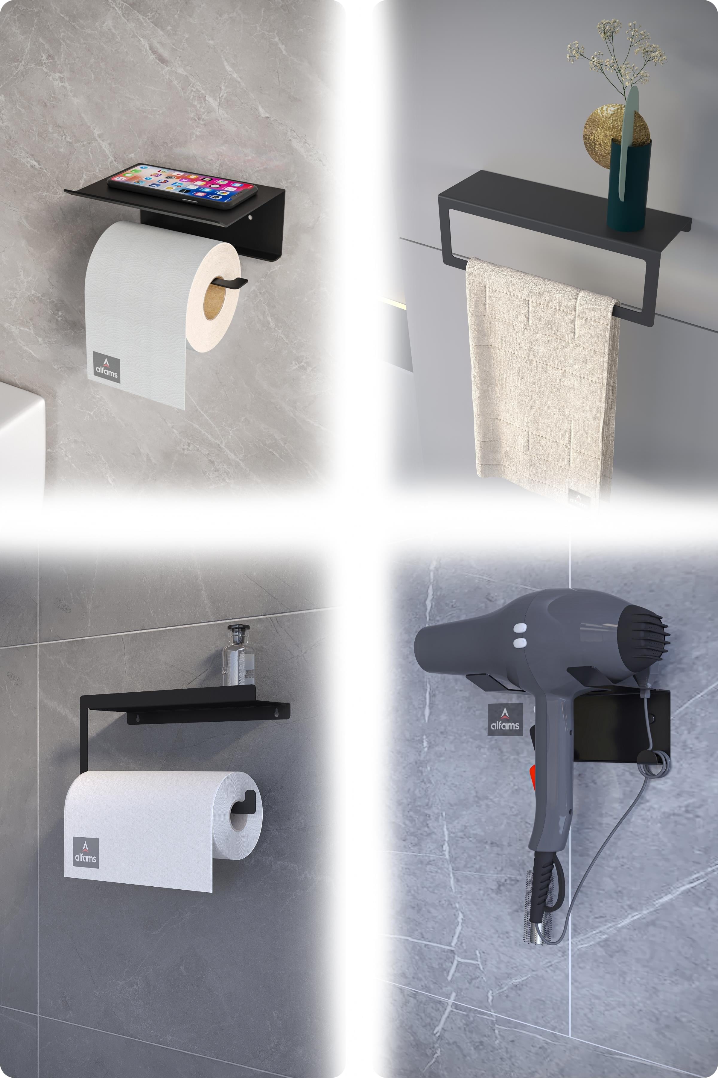 Metal 4'lü Set – Tuvalet Kağıtlık, Havlu Askısı, Kağıt Havluluk ve Fön Makinesi Tutucu | Modern Banyo ve Mutfak Düzenleyici