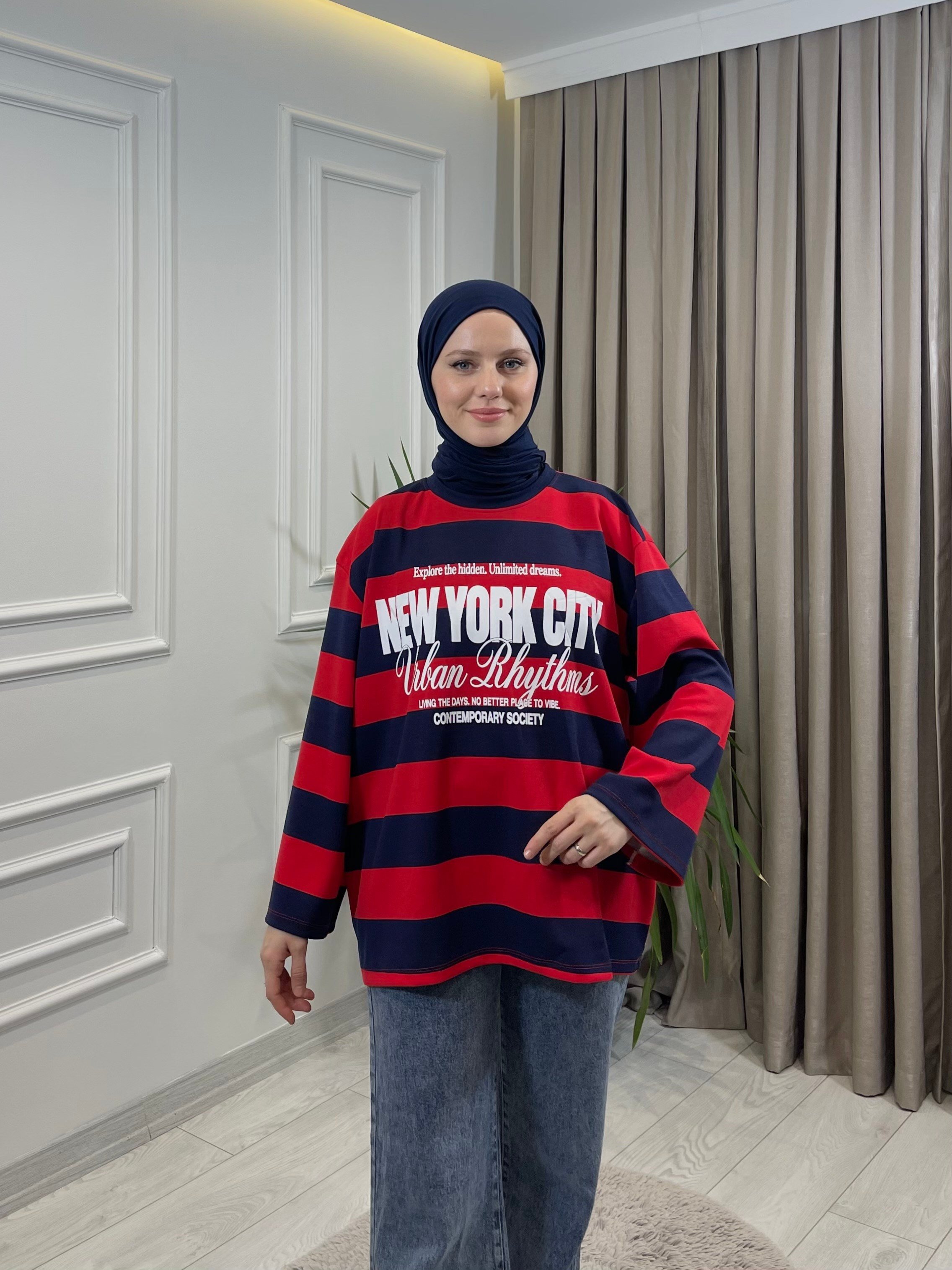 BASKILI SWEAT LACİVERT-KIRMIZI