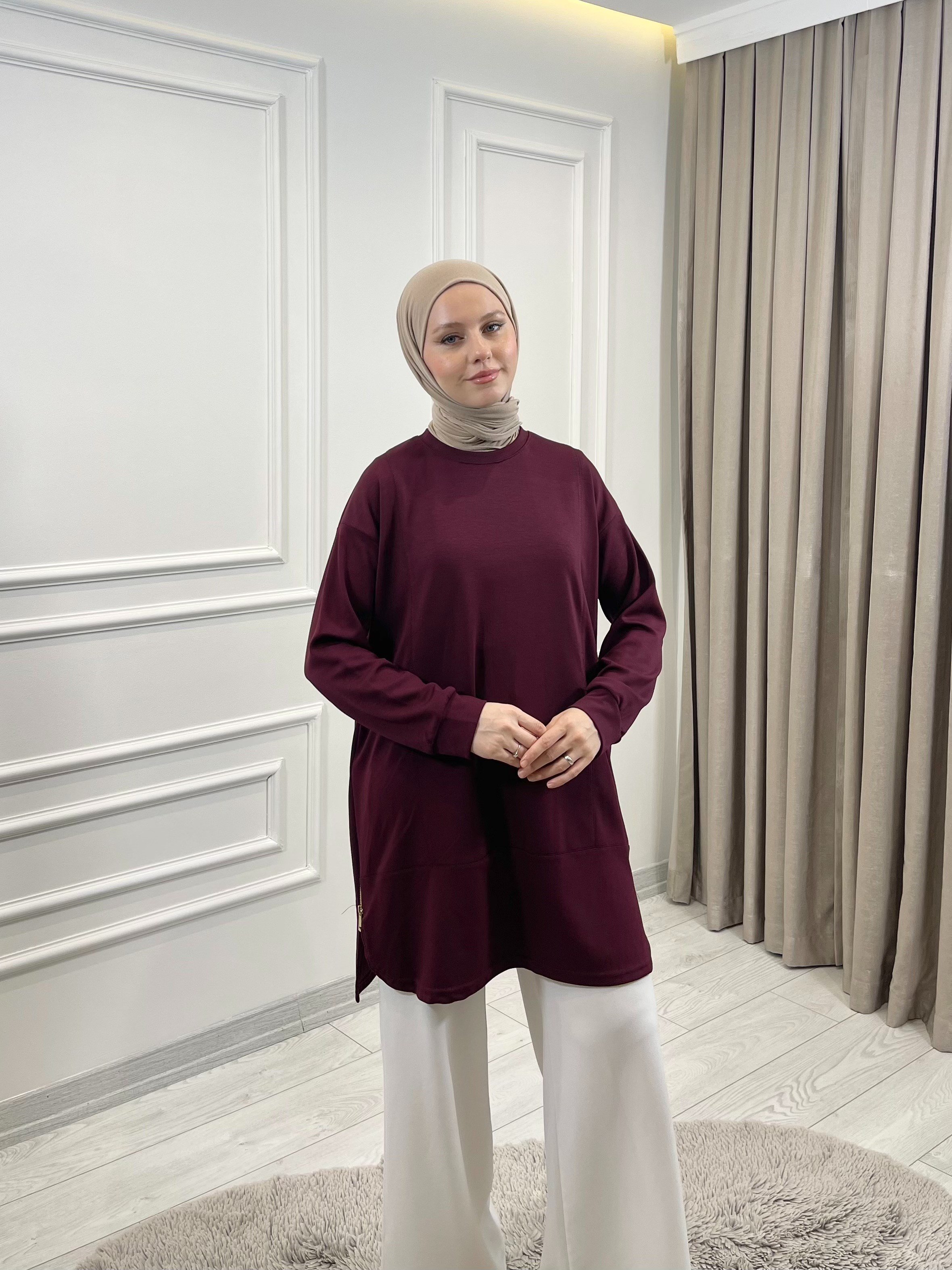 YANLARI FERMUARLI TUNİK BORDO