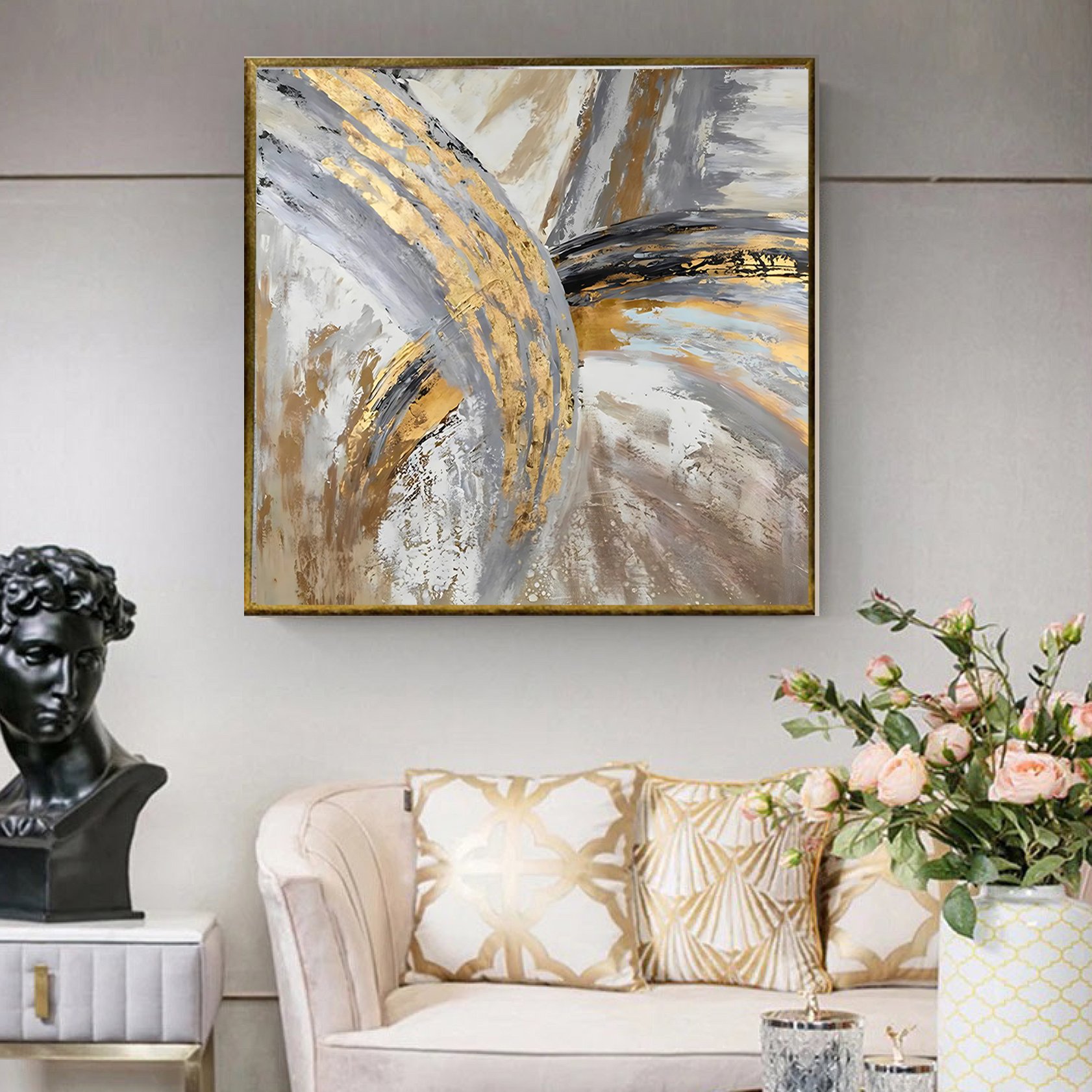 Kare Gold Doku İşlemli Sarmal Kanvas Tablo I KZY-AB-726