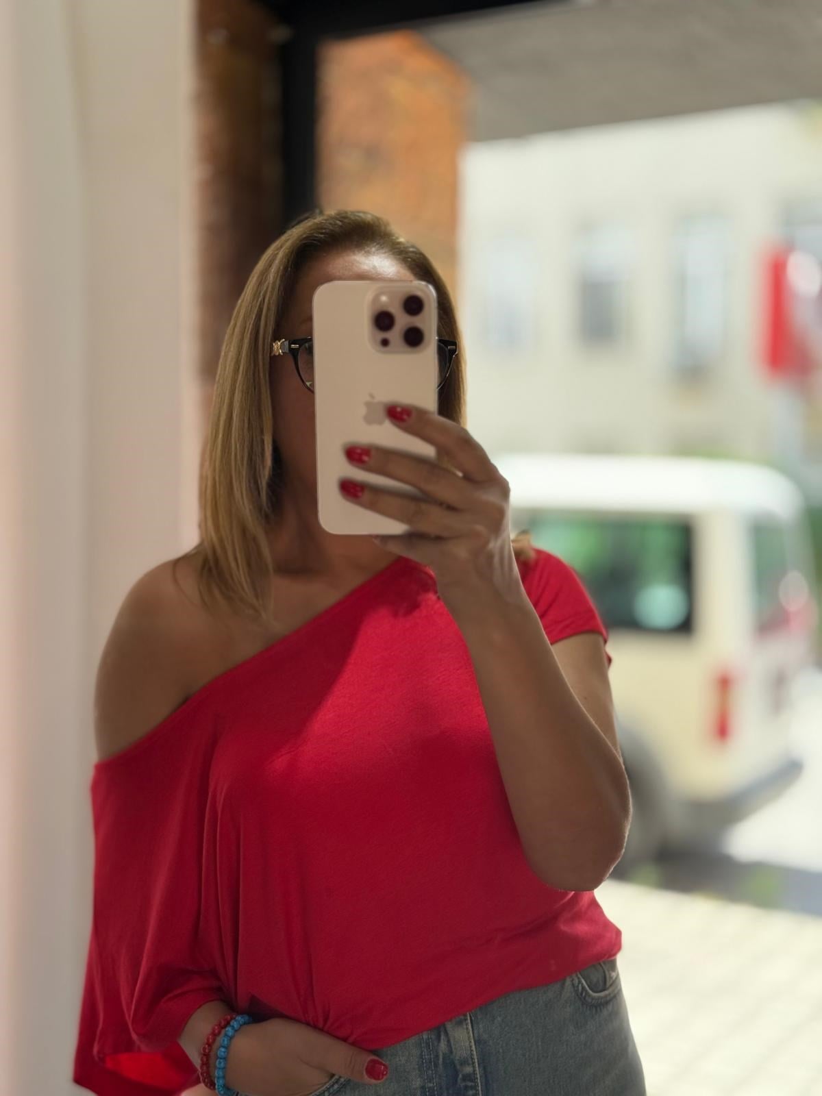 Düşük Omuz Basic Tişört Kırmızı