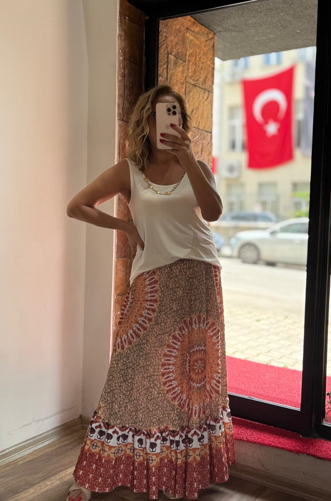 Gofre Maxi Desenli Etek Turuncu