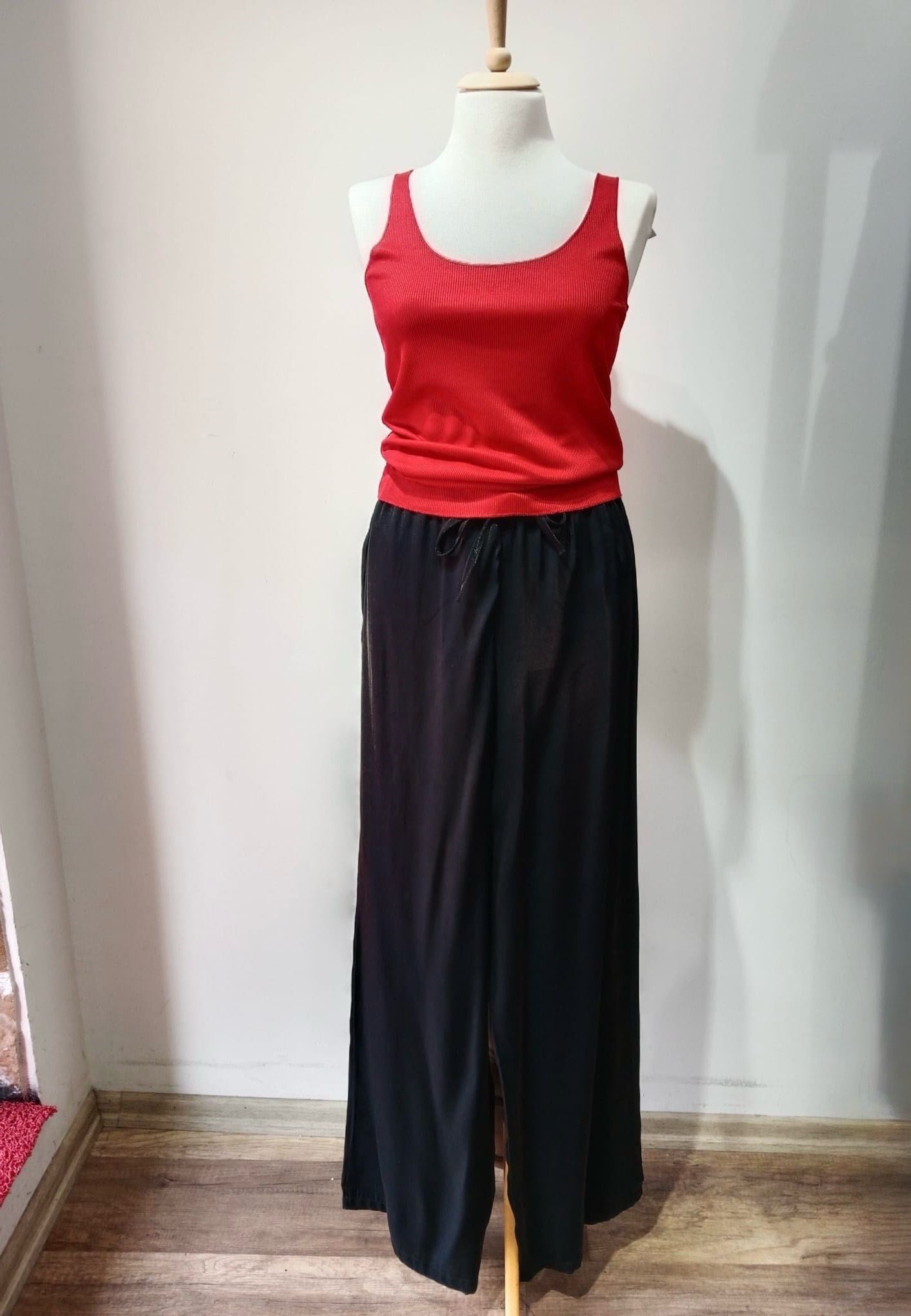 Keten Boncuklu Beli Lastikli Bol Paça Pantolon Siyah