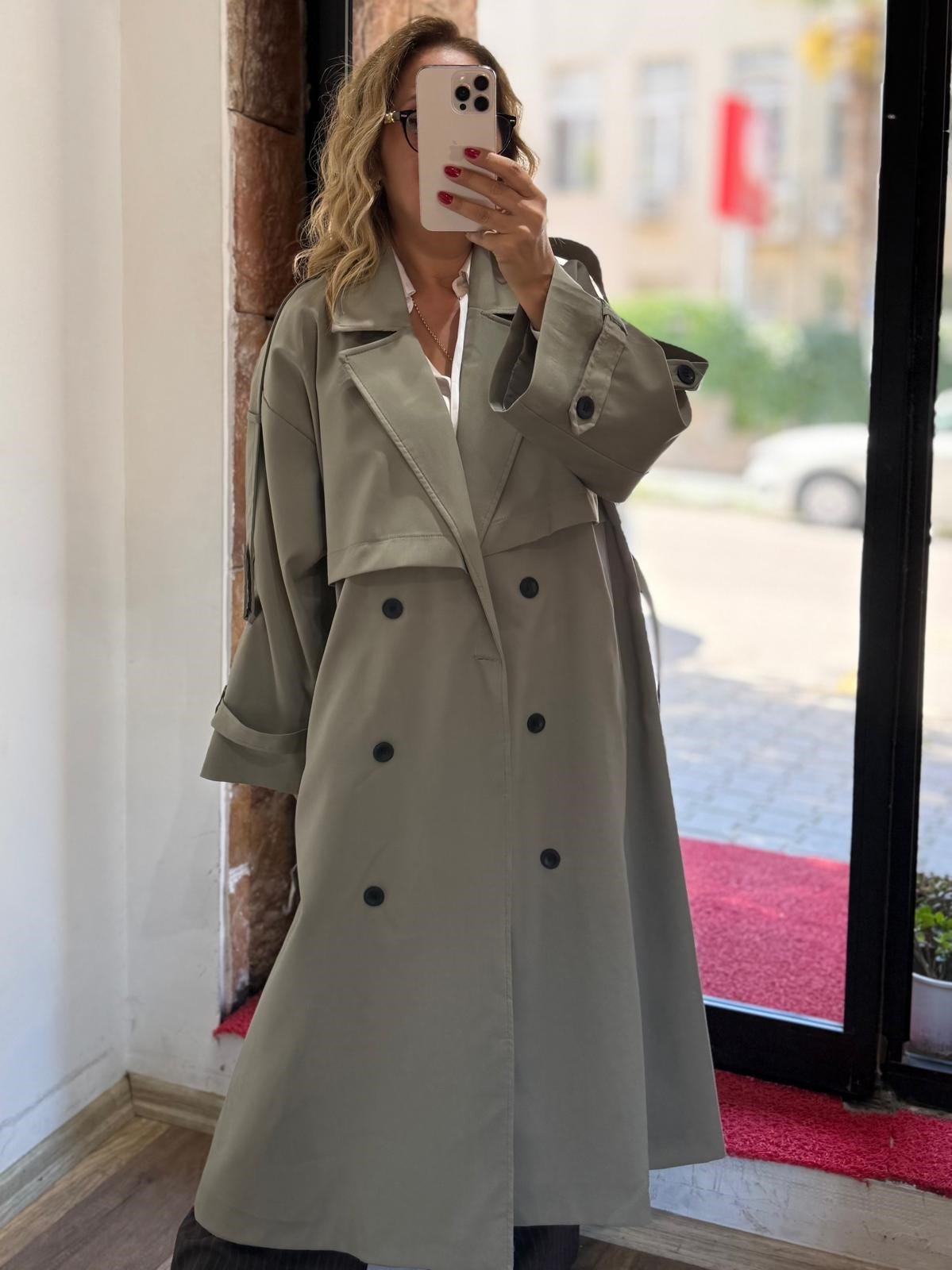 Premium Apoletli Poliviskon Trench Haki 