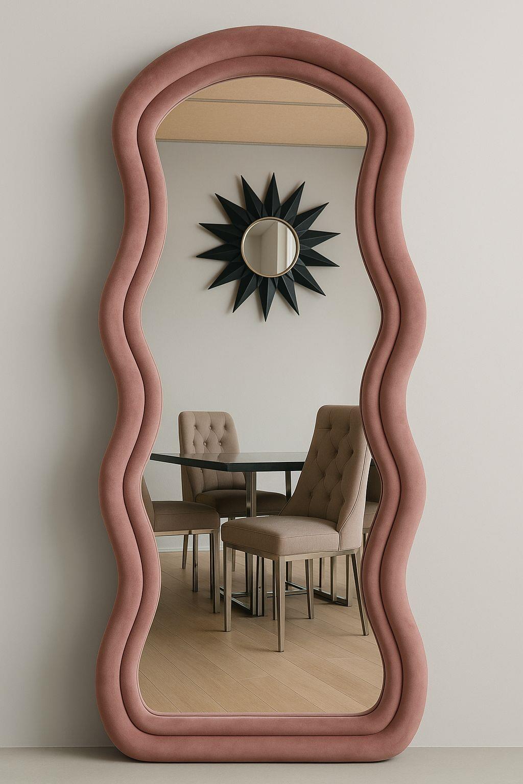 Dalga Formlu Pembe Kadife Çerçeveli Boy Aynası (180x80 cm)