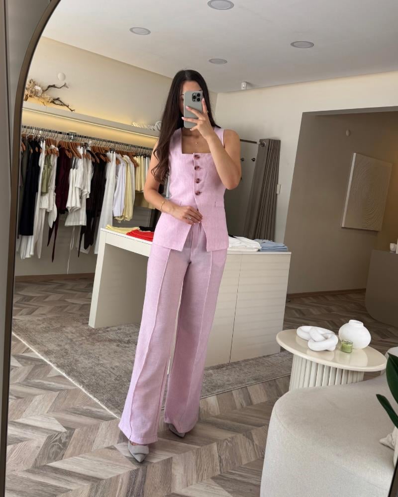 Tüm ÜrünlerHP42Kare yaka pantolon takım pembe