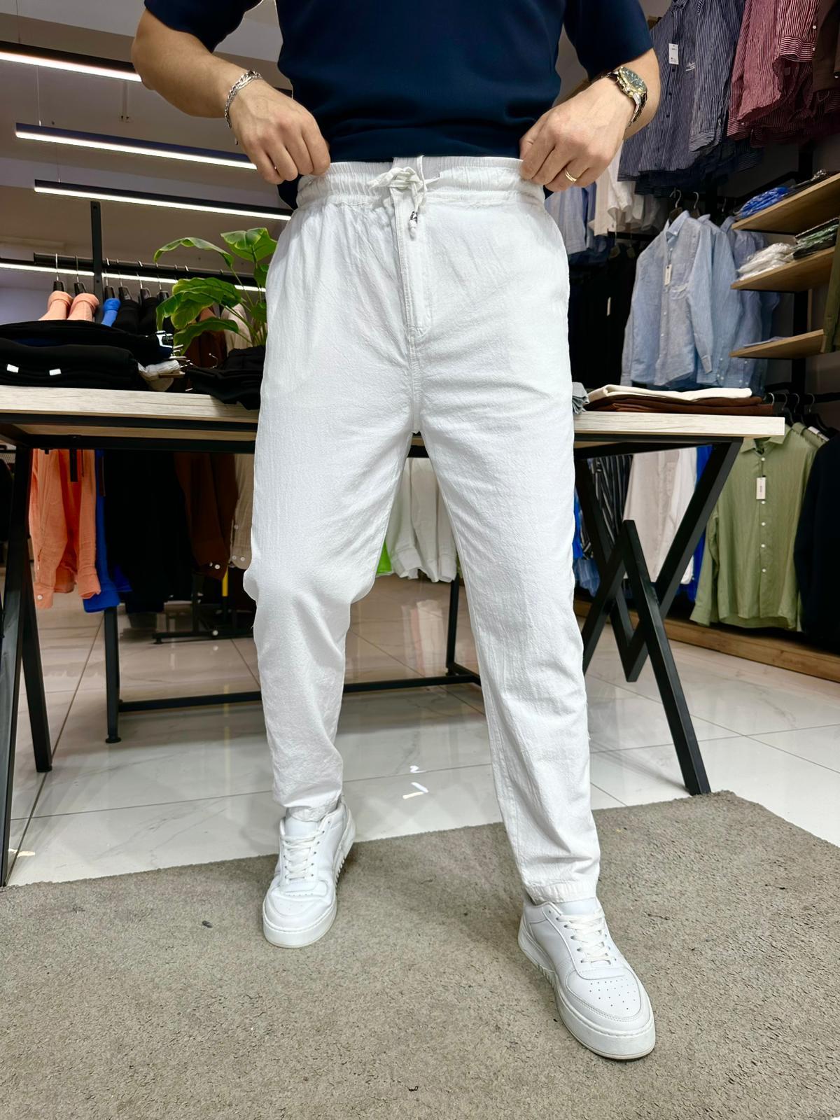 Keten Boyfriend Pantolon Beyaz