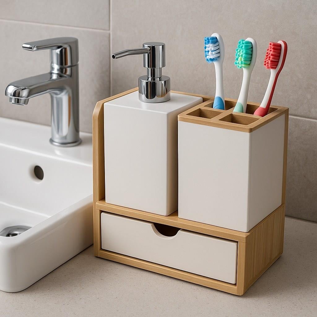 Bambu Tabanlı Plastik Banyo Seti – Sıvı Sabunluk, Diş Fırçalık ve Çekmeceli Organizer UR-3523