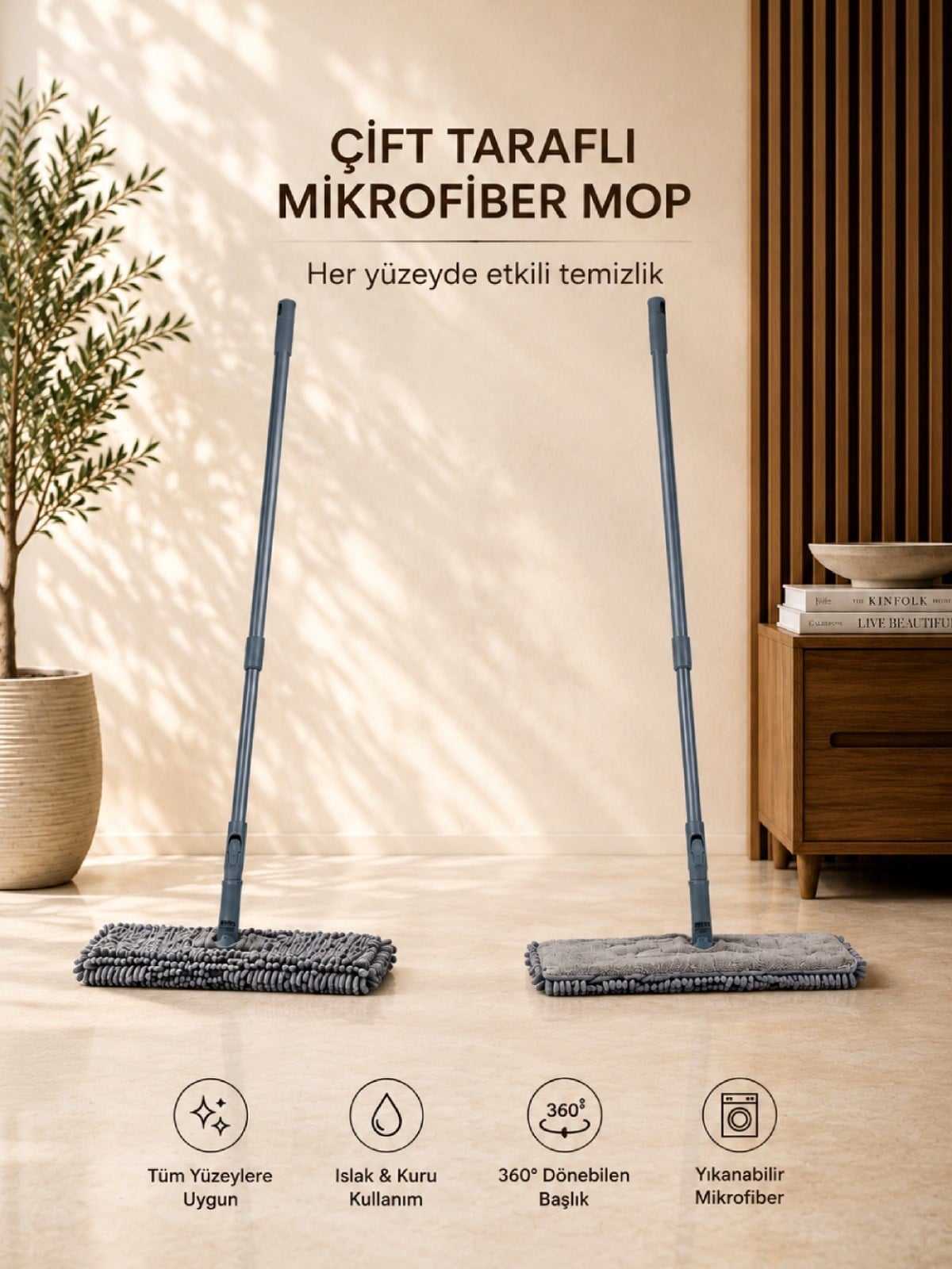 Çift Taraflı Mikrofiber Makarna Mop 360° Döner Başlıklı Temizlik Mopu  VICHY-7029  40CM 