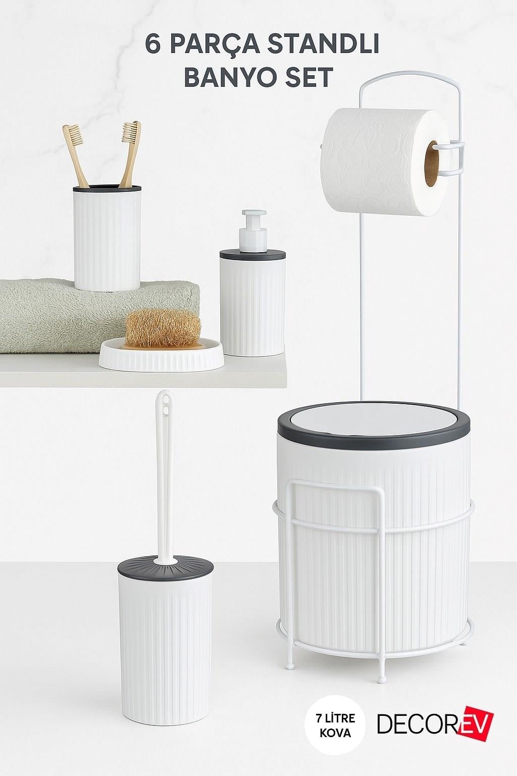 Decorev 6 Parça Standlı Banyo Seti 7 Litre Çöp Kovası Tuvalet Kağıtlığı Sabunluk Fırçalık Banyo seti