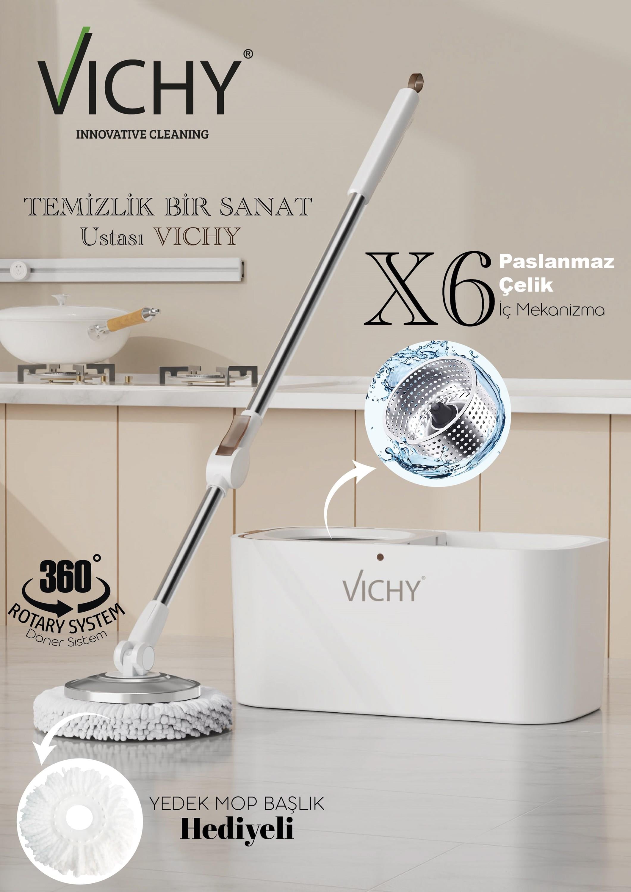 VICHY 360° Döner Mop Temizlik Seti Kolay Sıkma Kova, Mikrofiber Mop (Yedek Mop Hediyeli) VCH-6677 X6