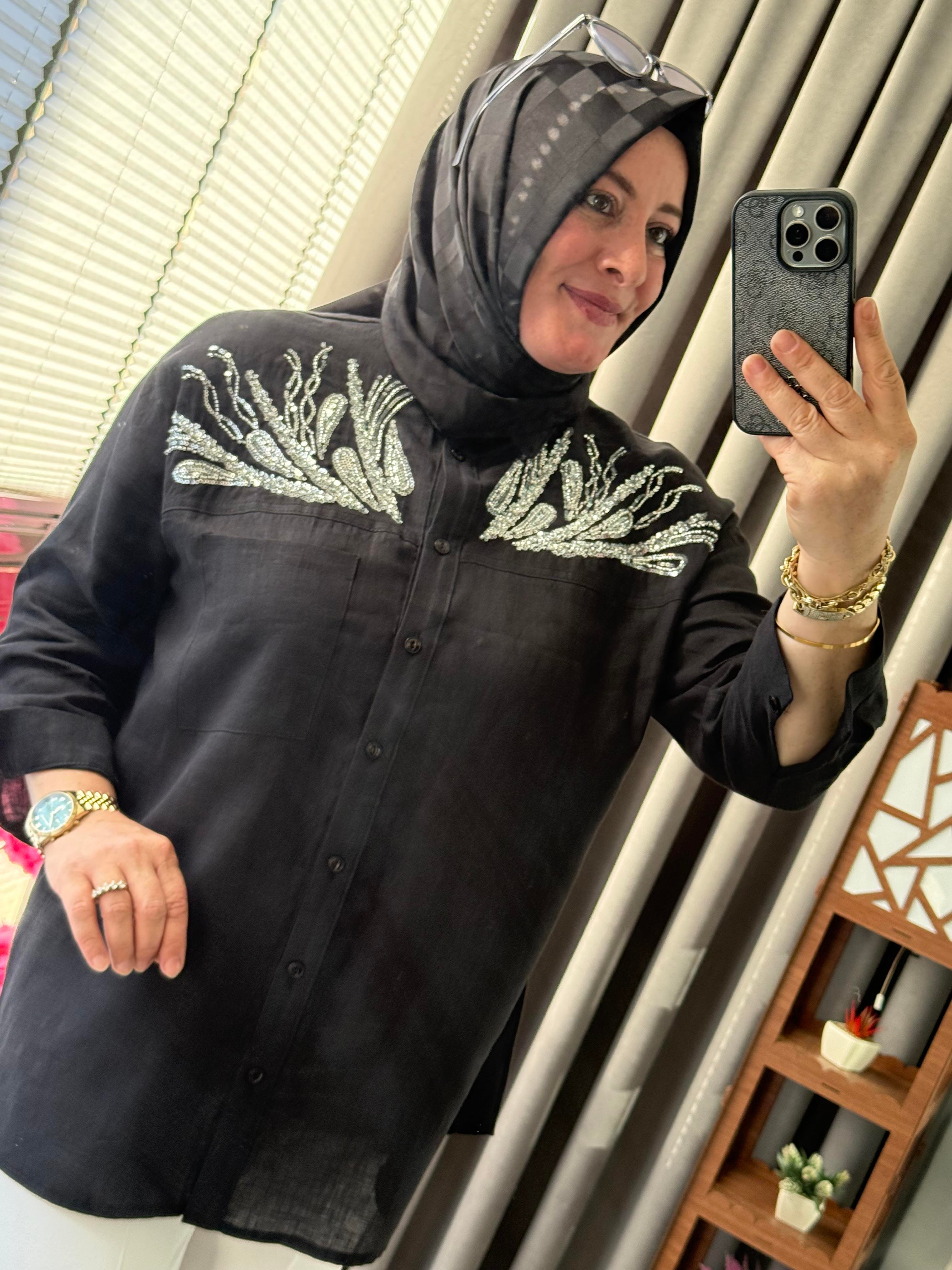 BONCUK İŞLEMELİ HAM KETEN GÖMLEK