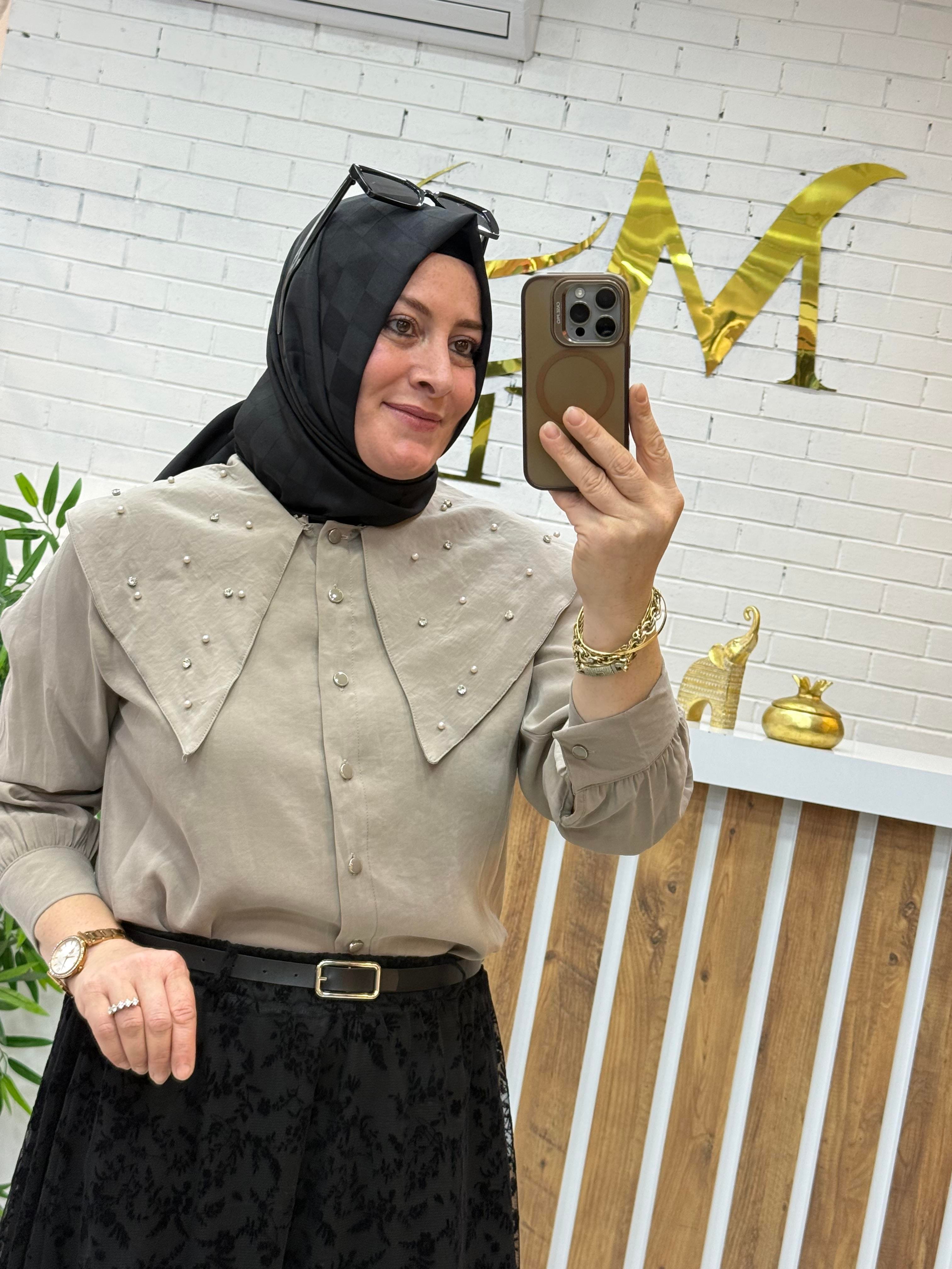 İNCİ ÇAKMA YAKALI KUPRA GÖMLEK