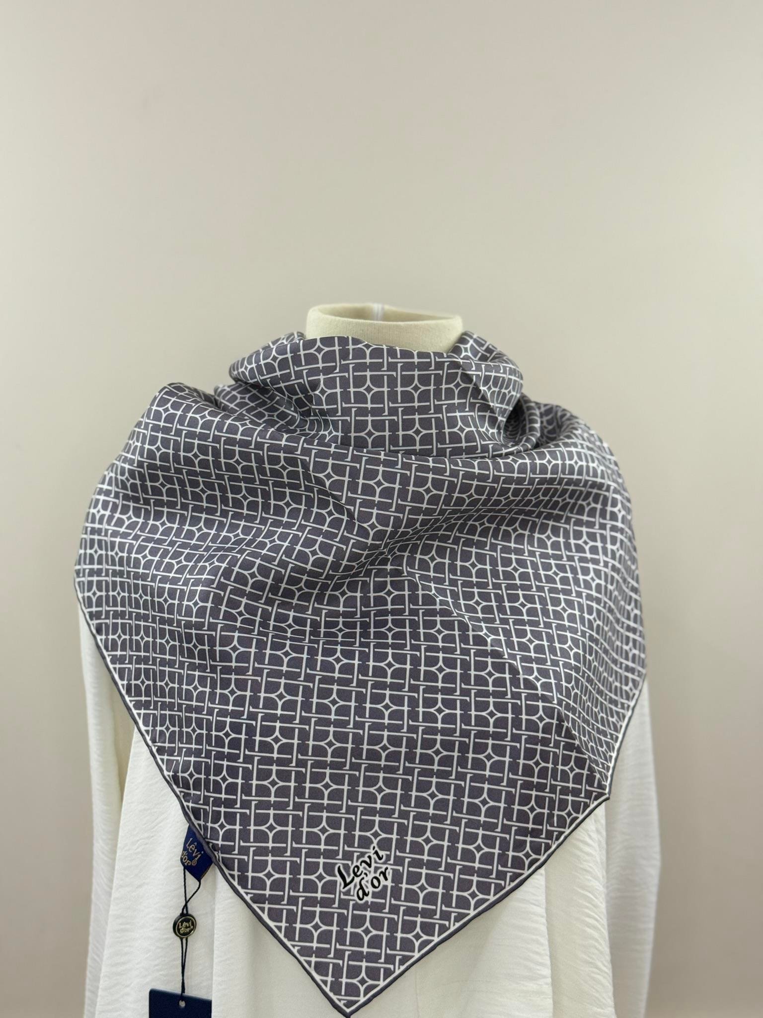 Levidor | Antrasit Zen Geometri Twill İpek Eşarp